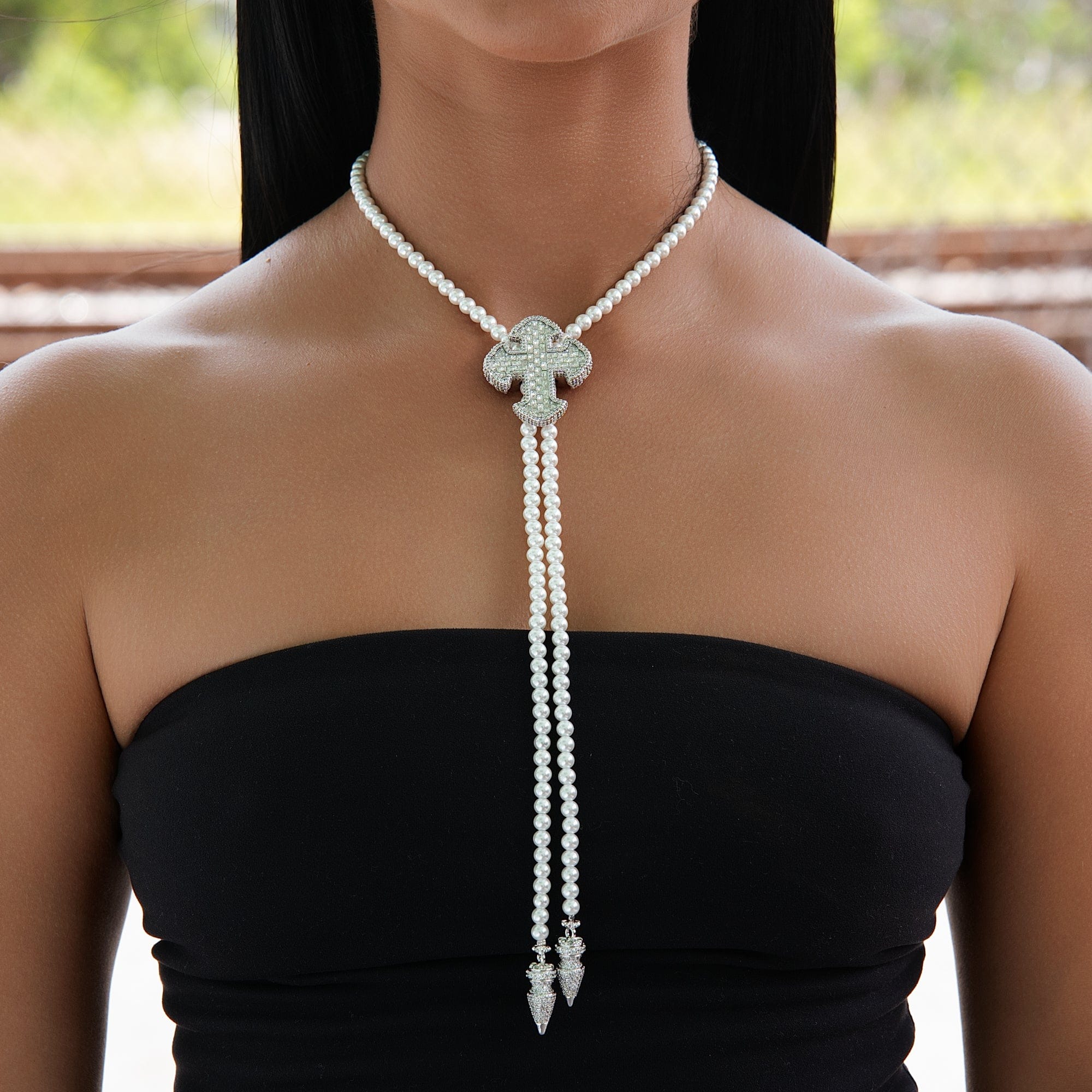 GLD Women Iced Cross Pearl Bolo Chain Necklace in White Gold