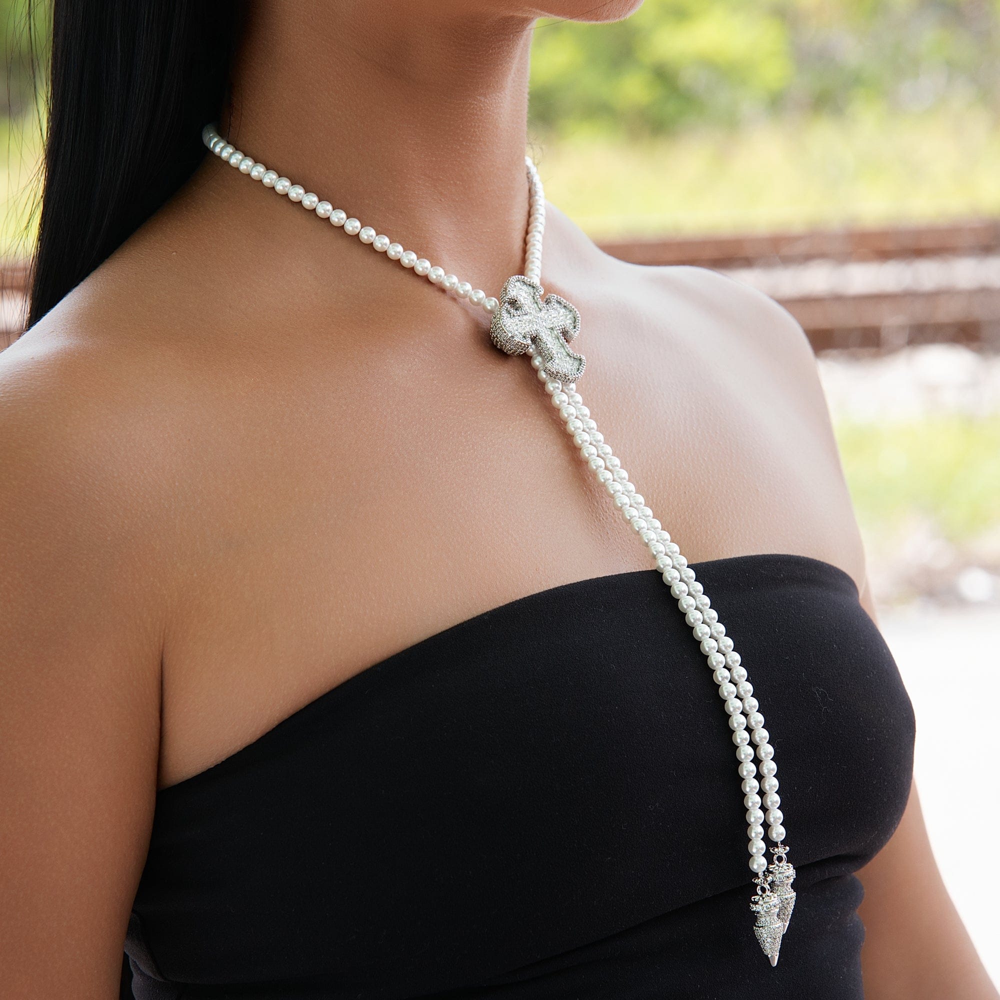 GLD Women Iced Cross Pearl Bolo Chain Necklace in White Gold