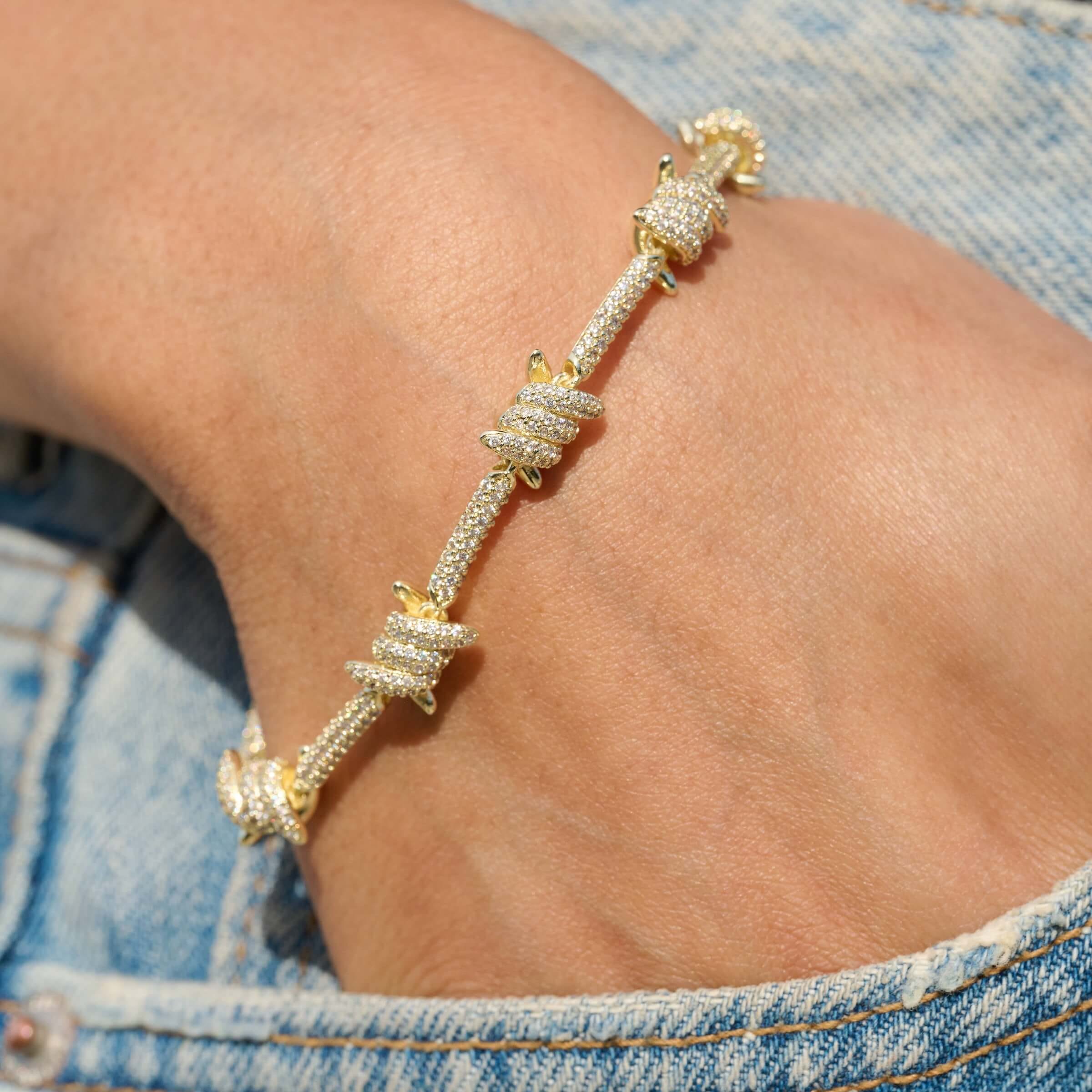 GLD Women Iced Barbed Wire Bracelet in Yellow Gold
