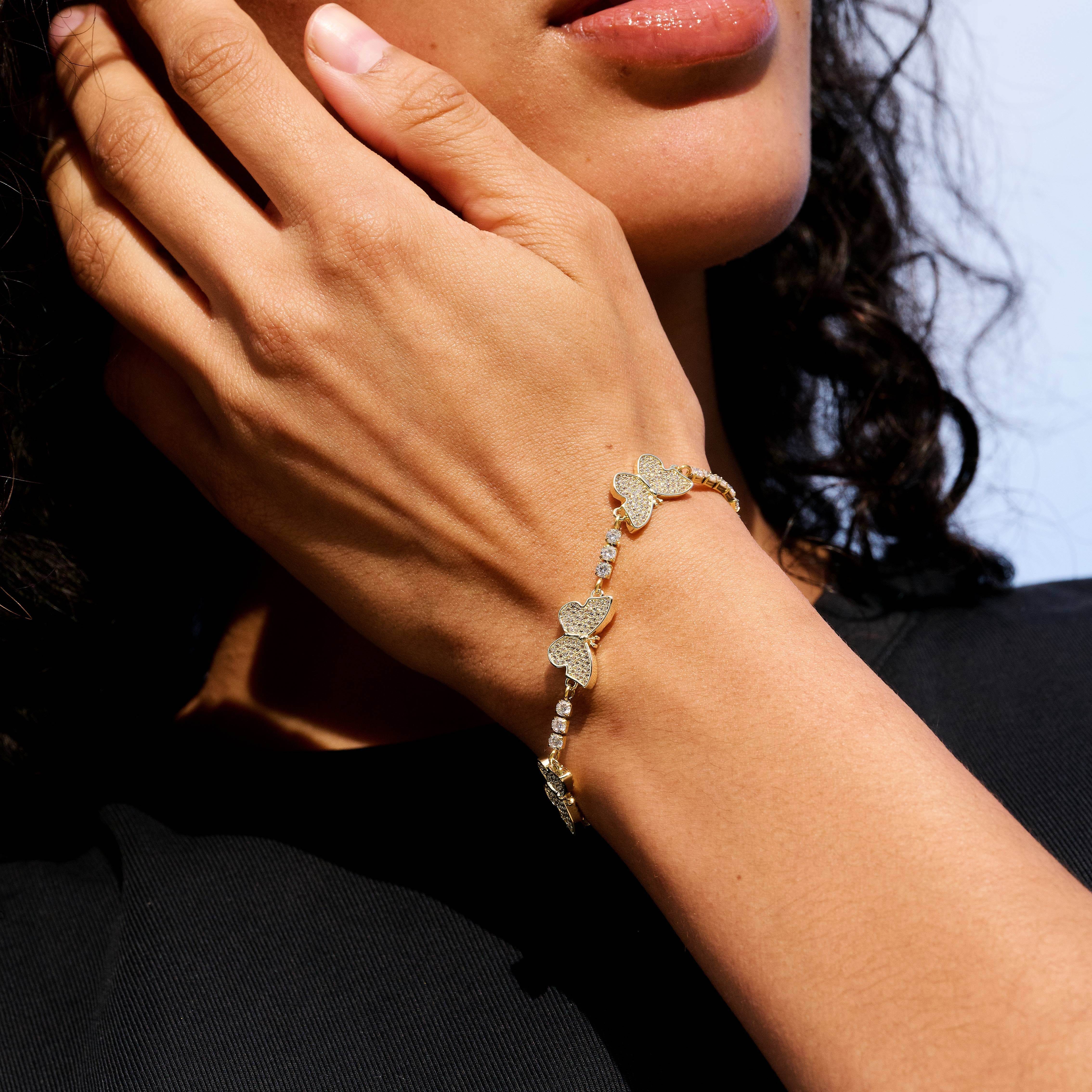 GLD Women Micro Tennis Butterfly Bracelet in Yellow Gold