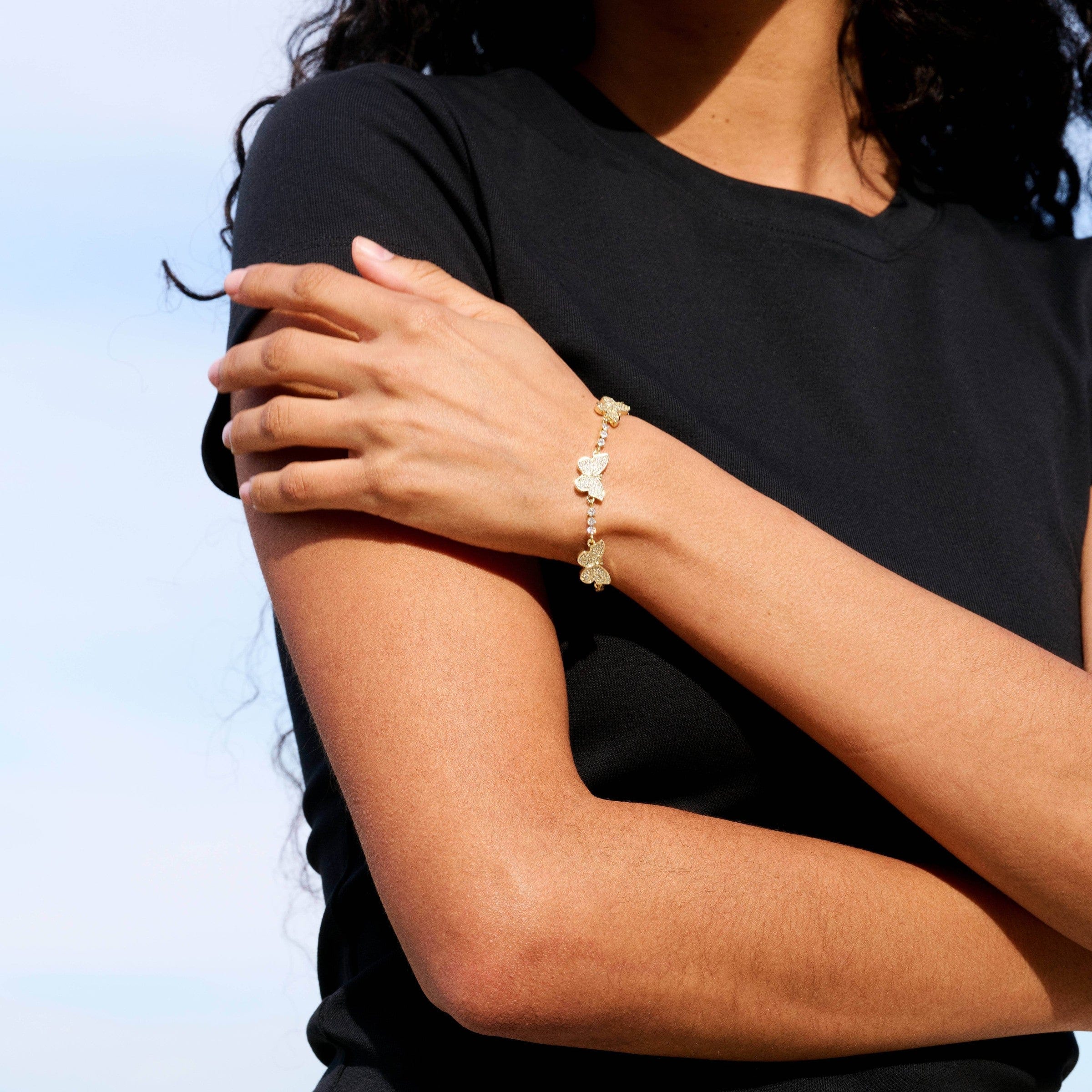 GLD Women Micro Tennis Butterfly Bracelet in Yellow Gold