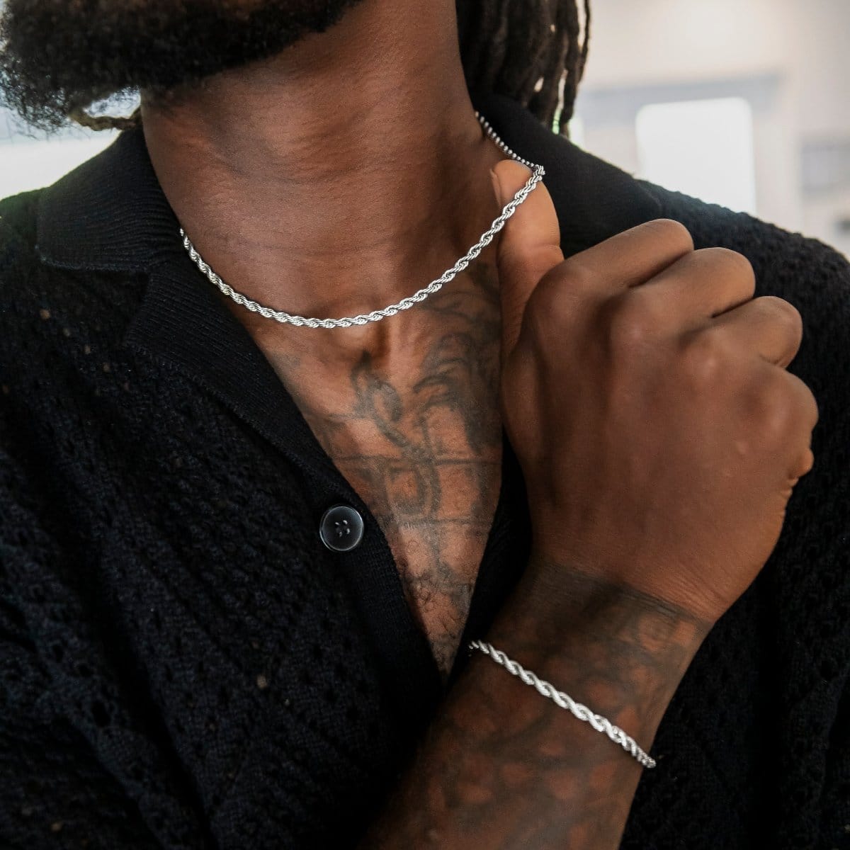 GLD Men Adjustable Rope Chain + Bracelet Set in White Gold - 4mm