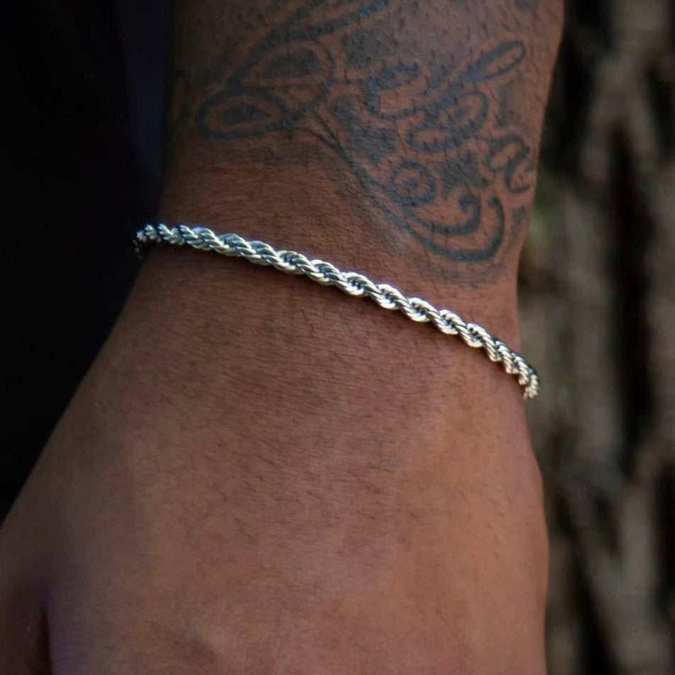 GLD Men Adjustable Rope Chain + Bracelet Set in White Gold - 4mm