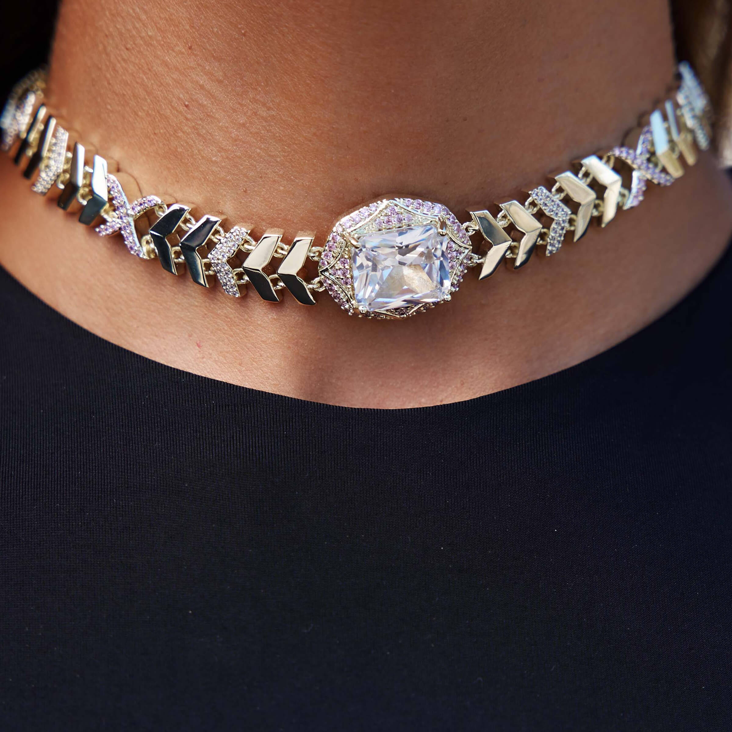 GLD Women LTD Iced Herringbone Adjustable Necklace Choker in Yellow Gold - 12mm