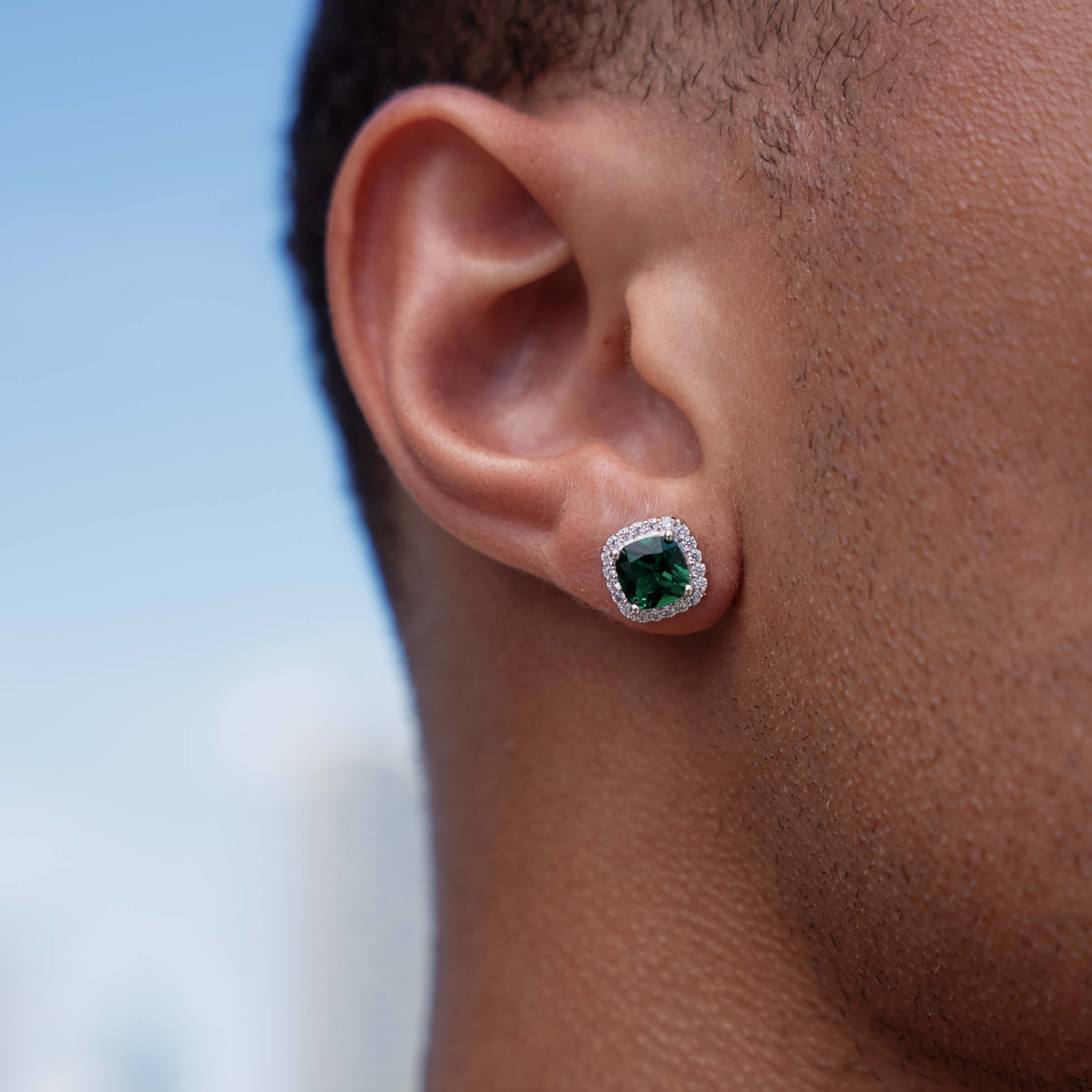 GLD Men 10MM Emerald Cushion Cut Stud Earring in White Gold
