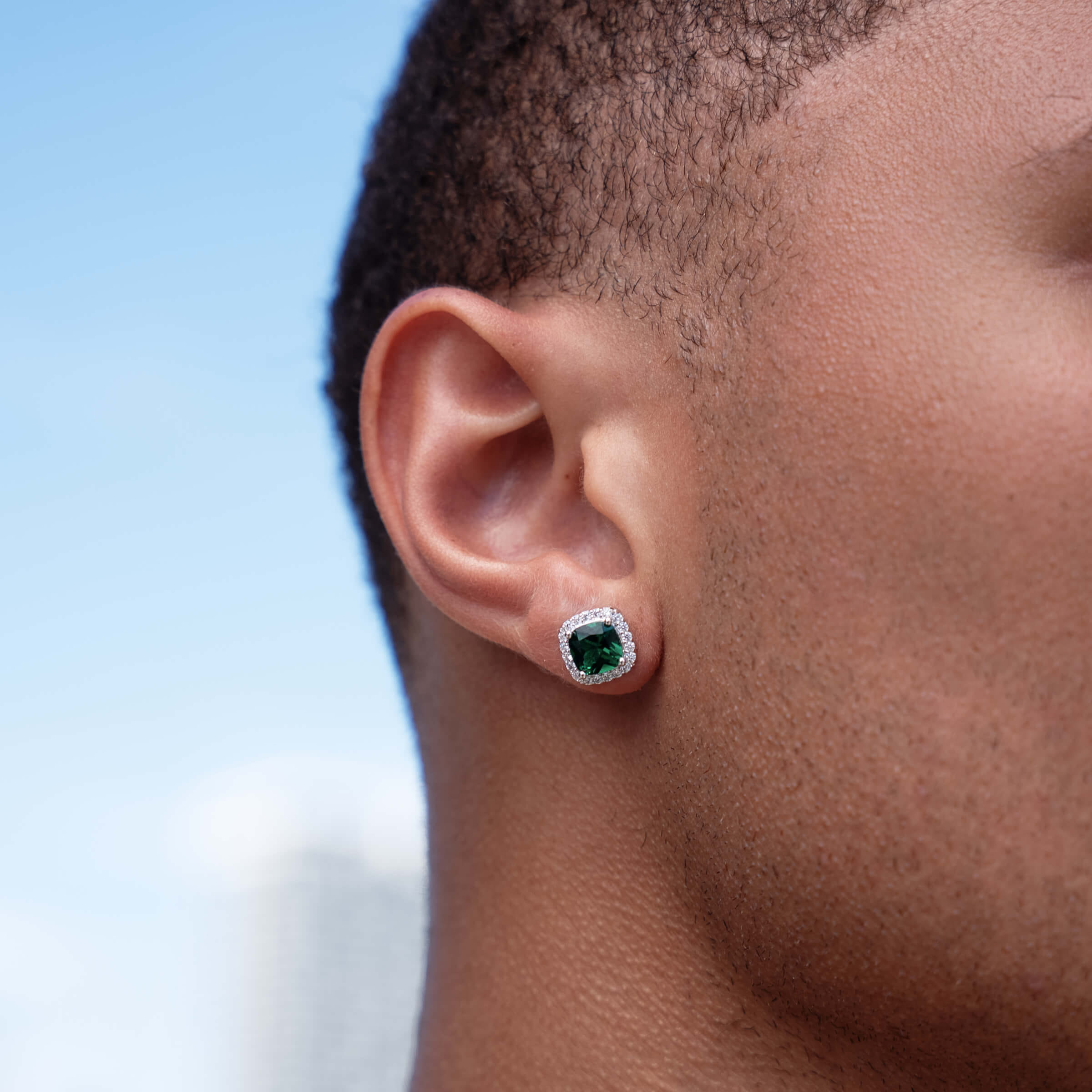 GLD Men 10MM Emerald Cushion Cut Stud Earring in White Gold