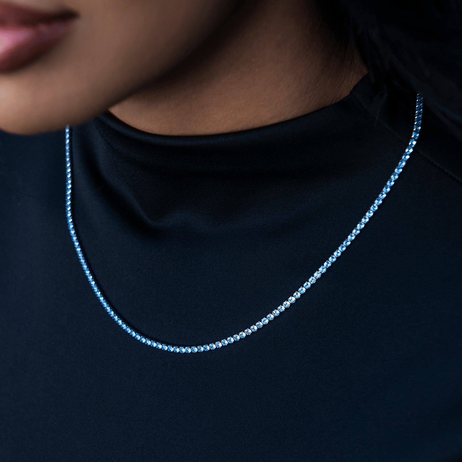 GLD Women Blue Topaz Diamond Micro Tennis Necklace in White Gold