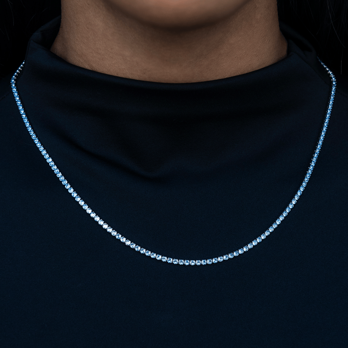 GLD Women Blue Topaz Diamond Micro Tennis Necklace in White Gold