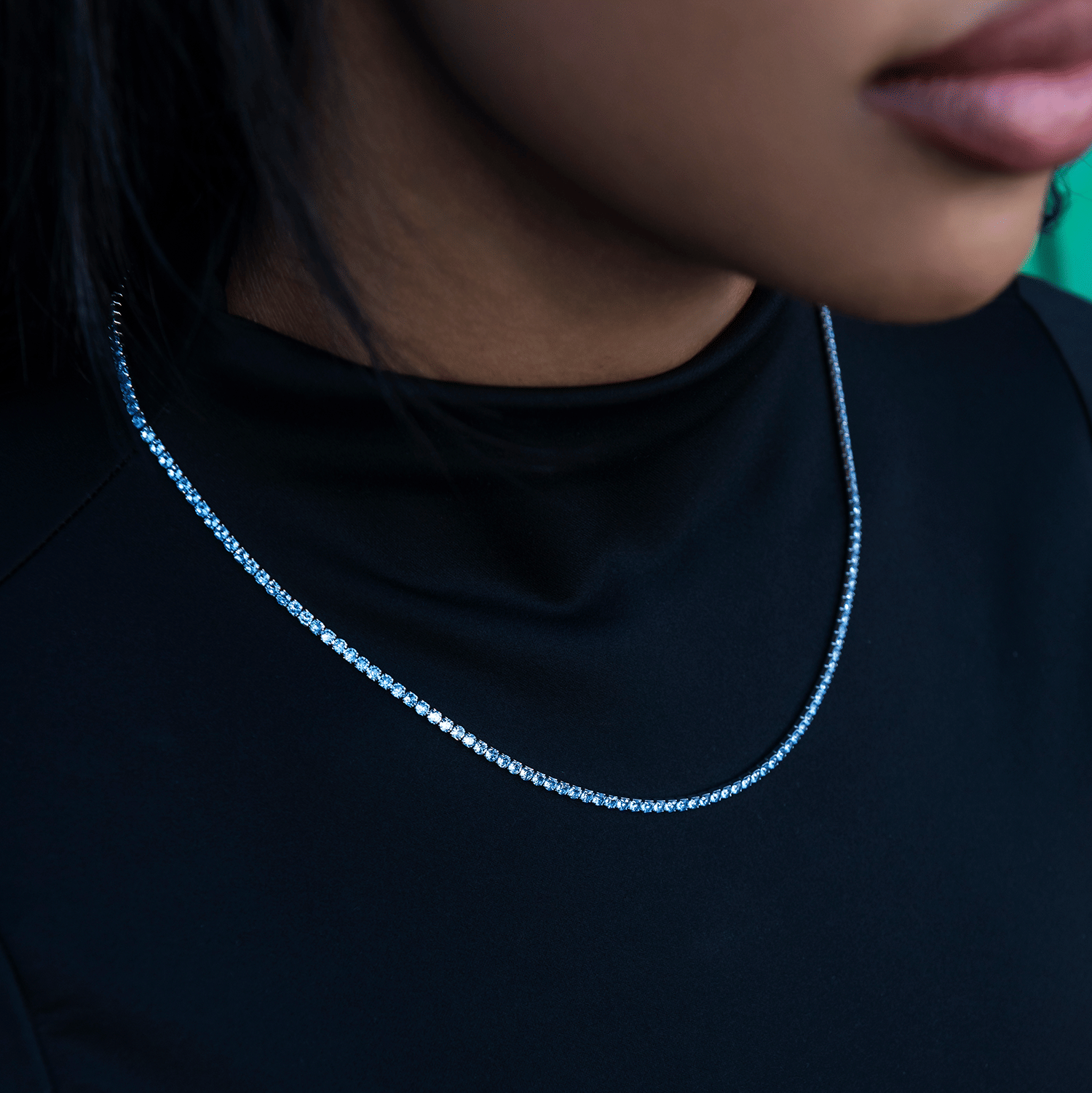 GLD Women Blue Topaz Diamond Micro Tennis Necklace in White Gold
