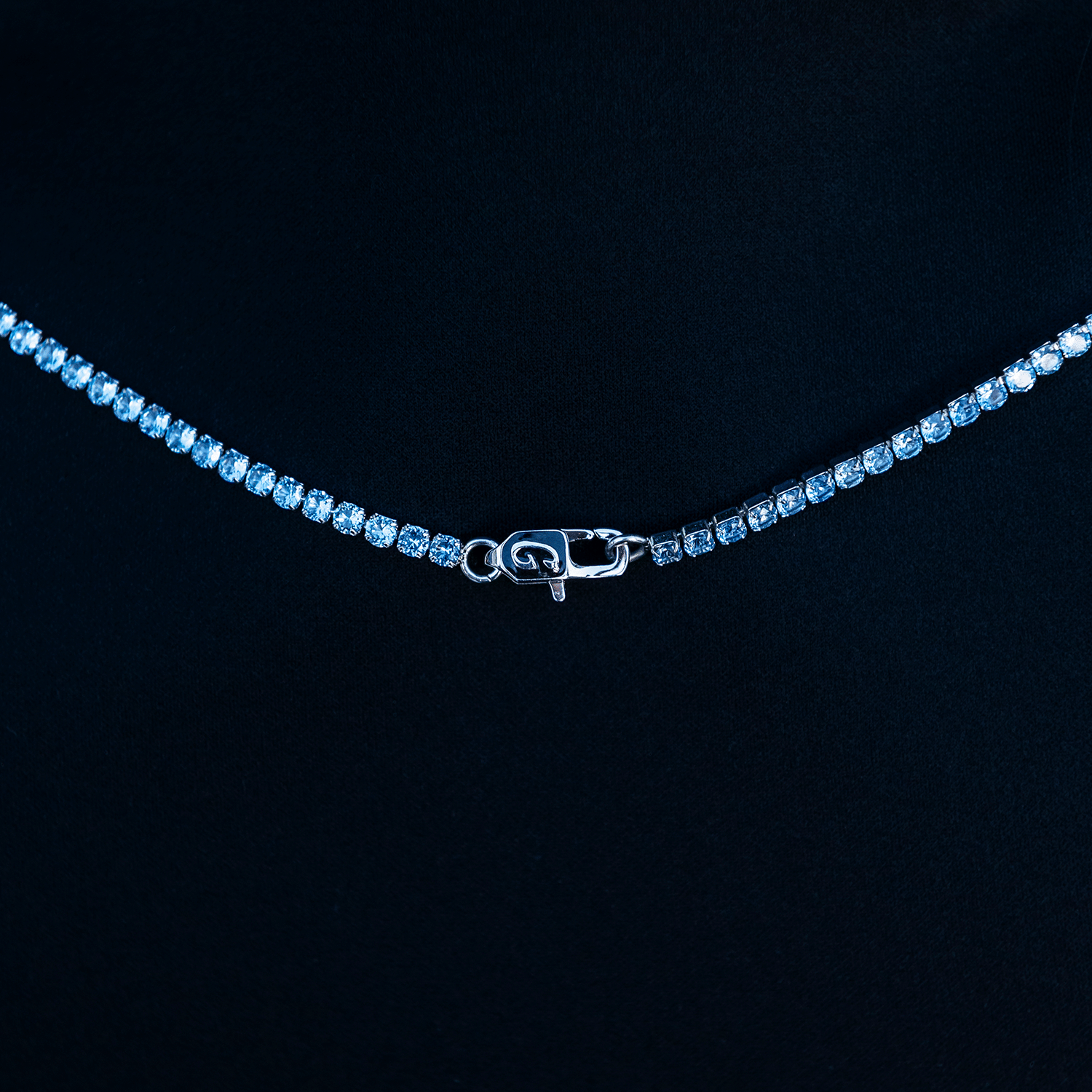 GLD Women Blue Topaz Diamond Micro Tennis Necklace in White Gold