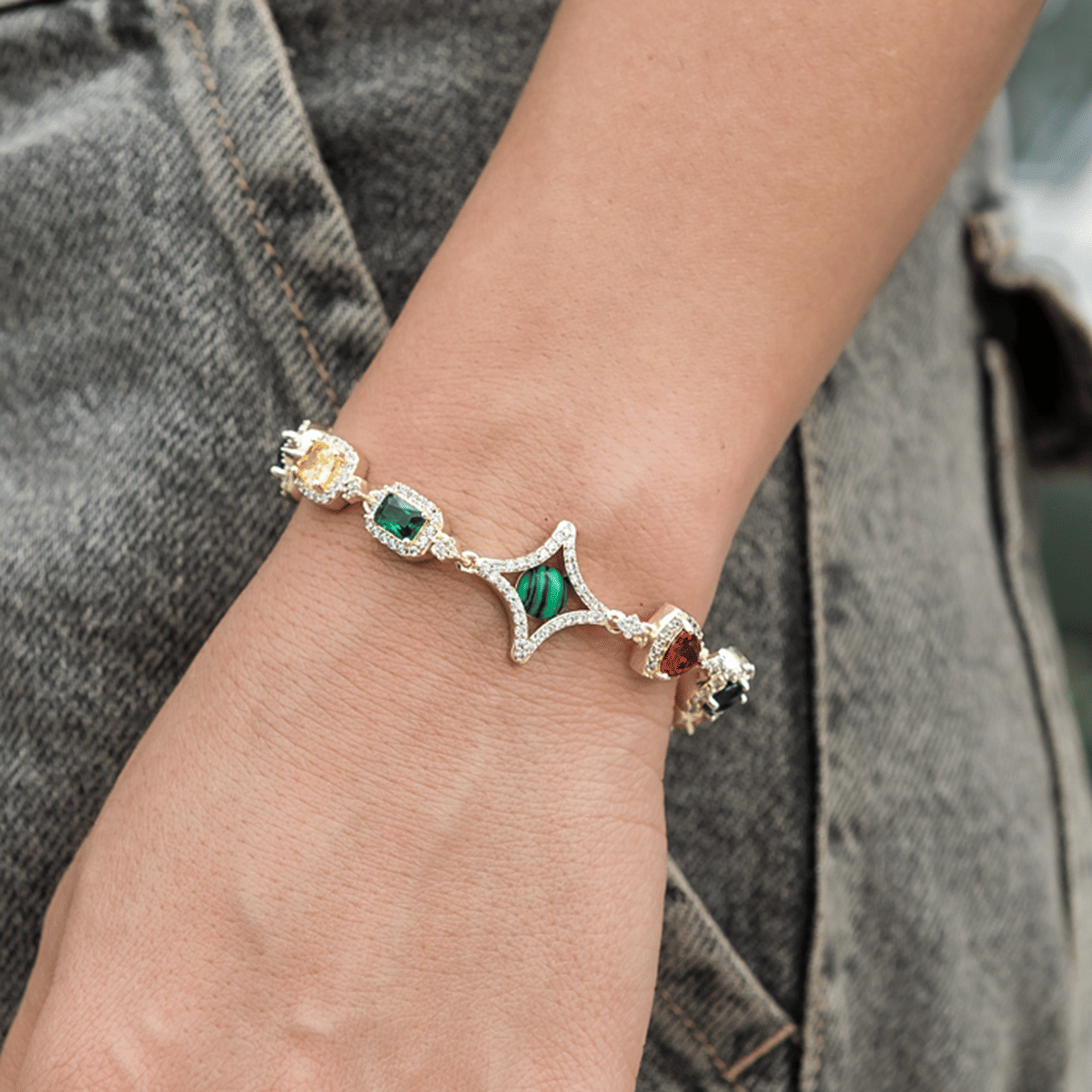 GLD Women Colored Gemstone Chain Bracelet