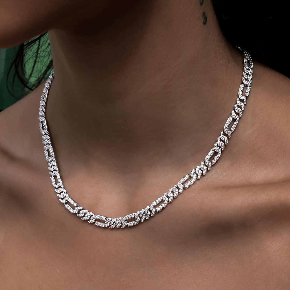 GLD Women Diamond Figaro Necklace in White Gold- 6mm