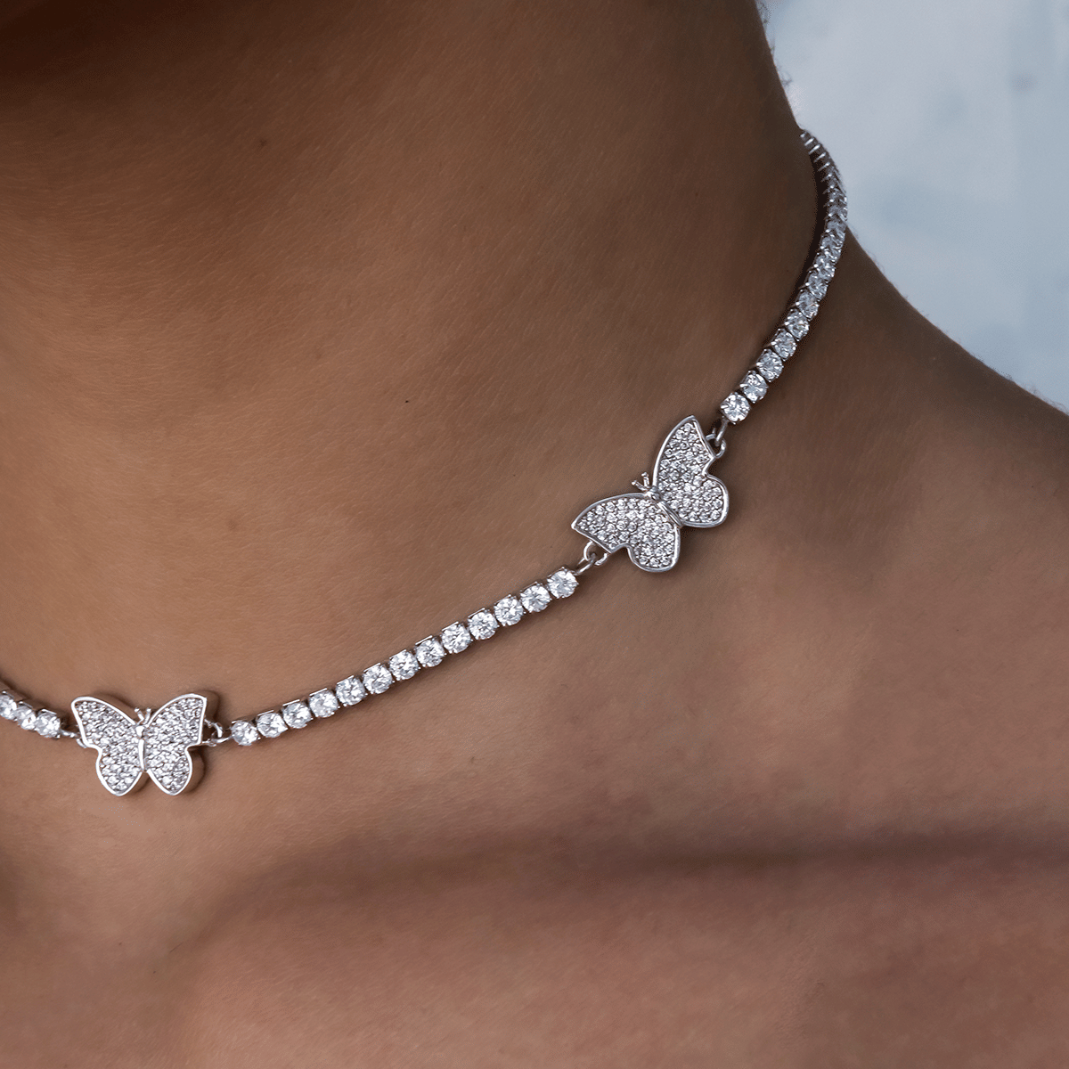 GLD Women Micro Tennis Butterfly Necklace in White Gold