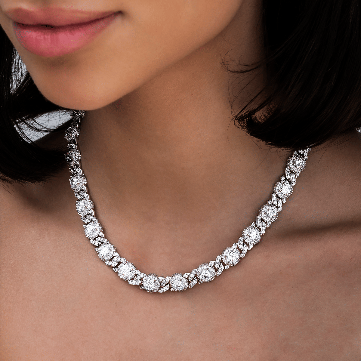 GLD Women Iced Diamond Station Cuban Necklace