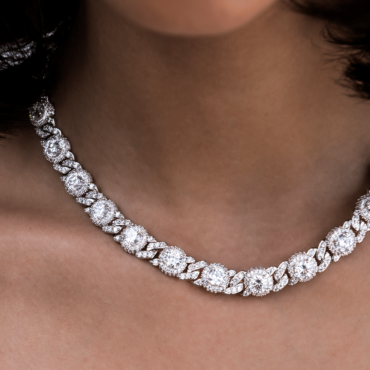 GLD Women Iced Diamond Station Cuban Necklace