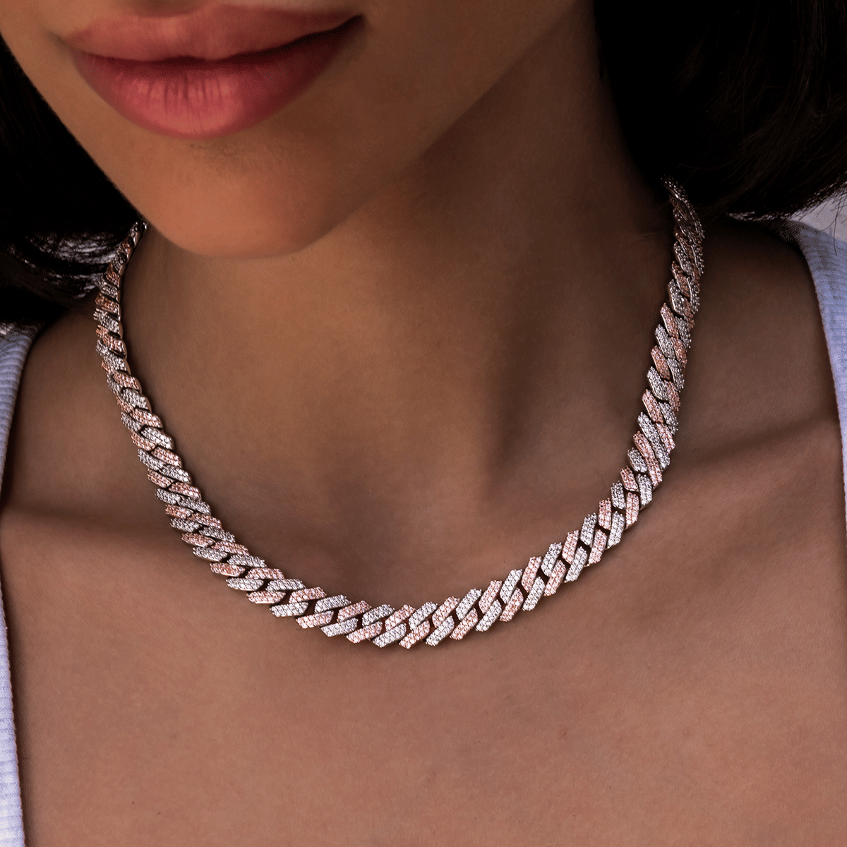 GLD PROMO - WOMEN Diamond Prong Cuban Necklace in Rose/White Gold- 8.5mm