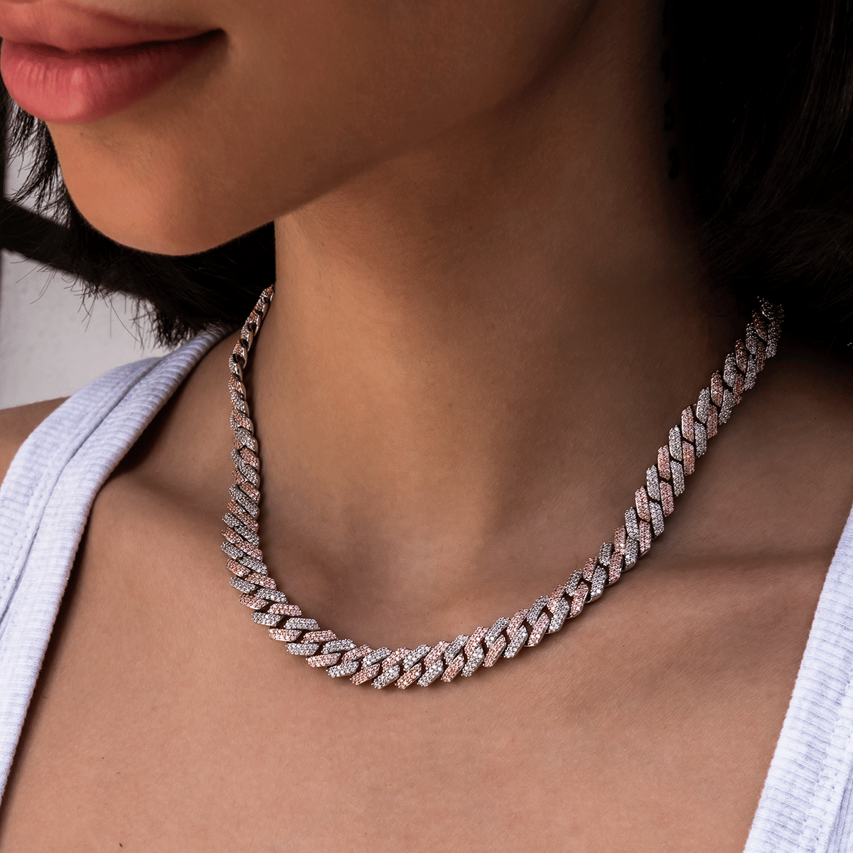 GLD PROMO - WOMEN Diamond Prong Cuban Necklace in Rose/White Gold- 8.5mm