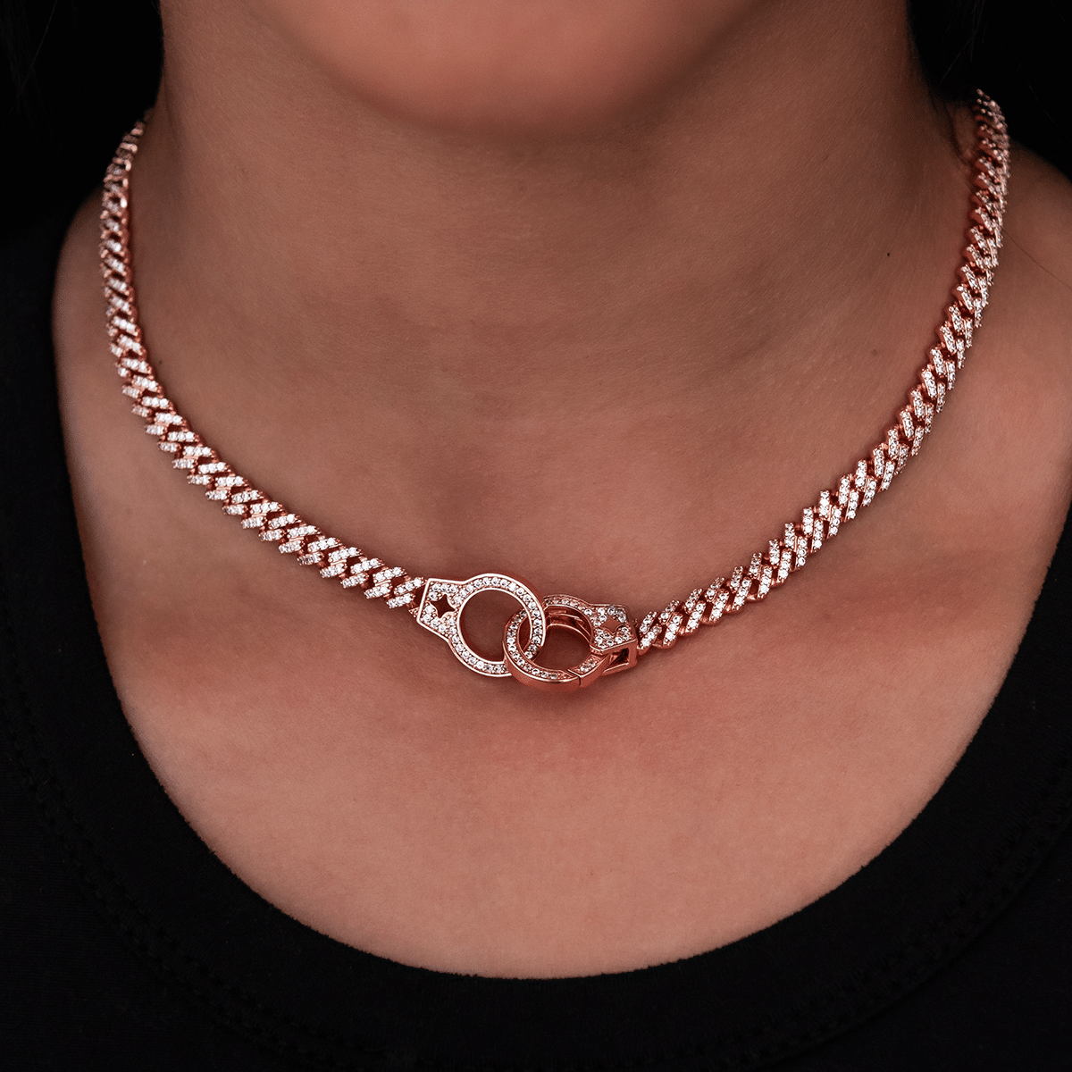 GLD PROMO - WOMEN Iced Handcuff Diamond Prong Cuban Necklace in Rose Gold