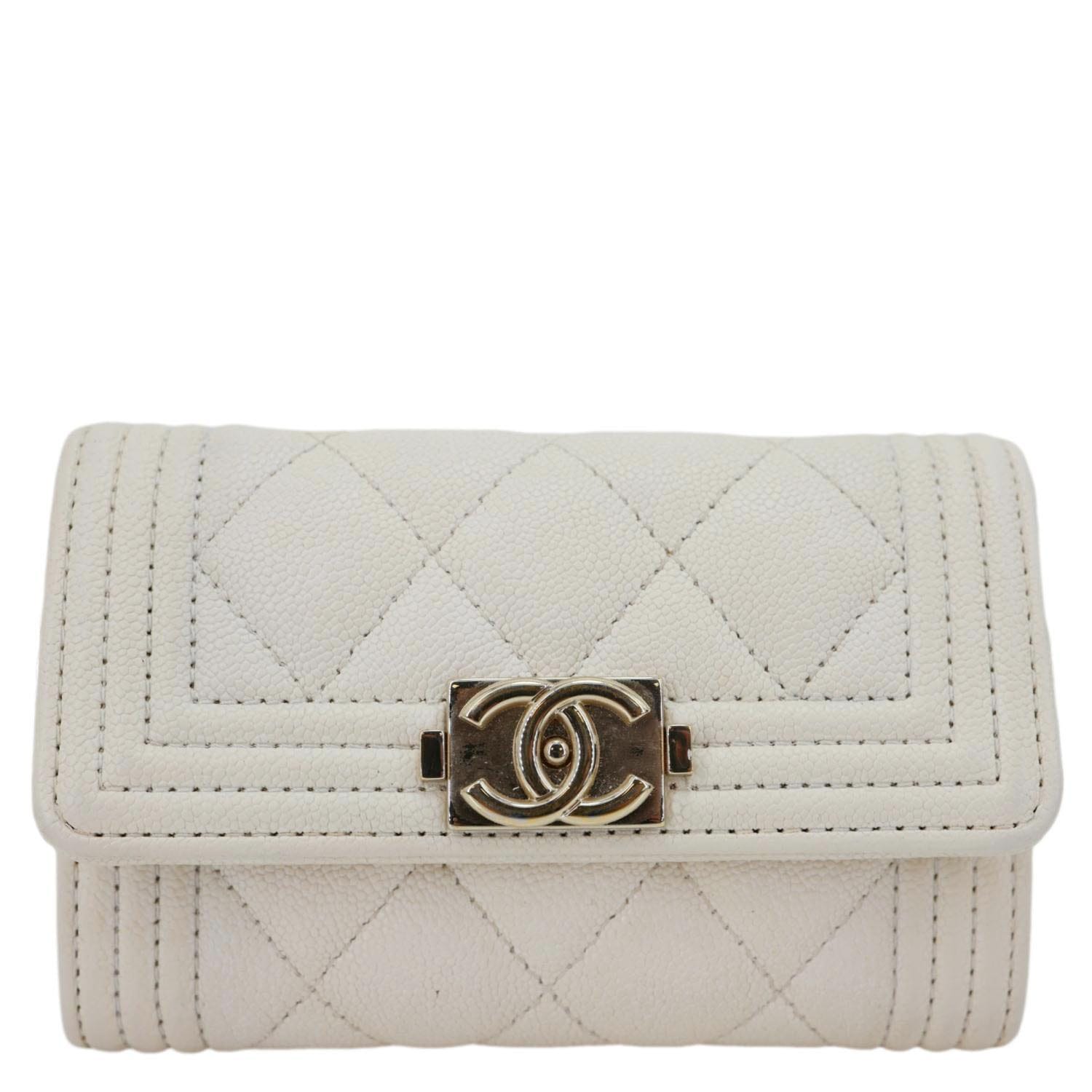 CHANEL Boy Quilted Caviar Leather Card Holder Off White