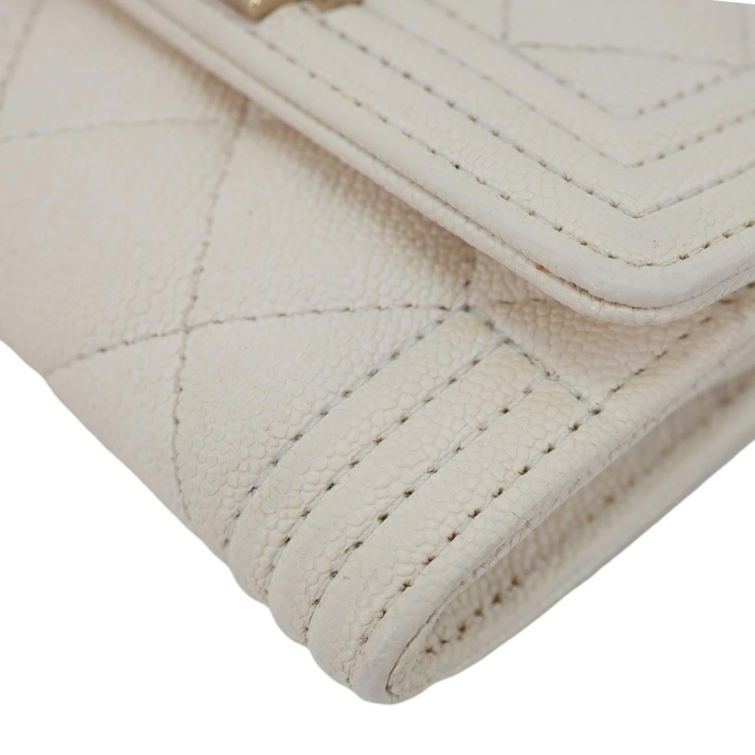 CHANEL Boy Quilted Caviar Leather Card Holder Off White