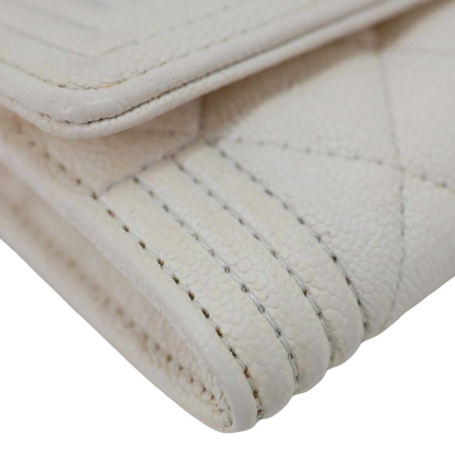 CHANEL Boy Quilted Caviar Leather Card Holder Off White