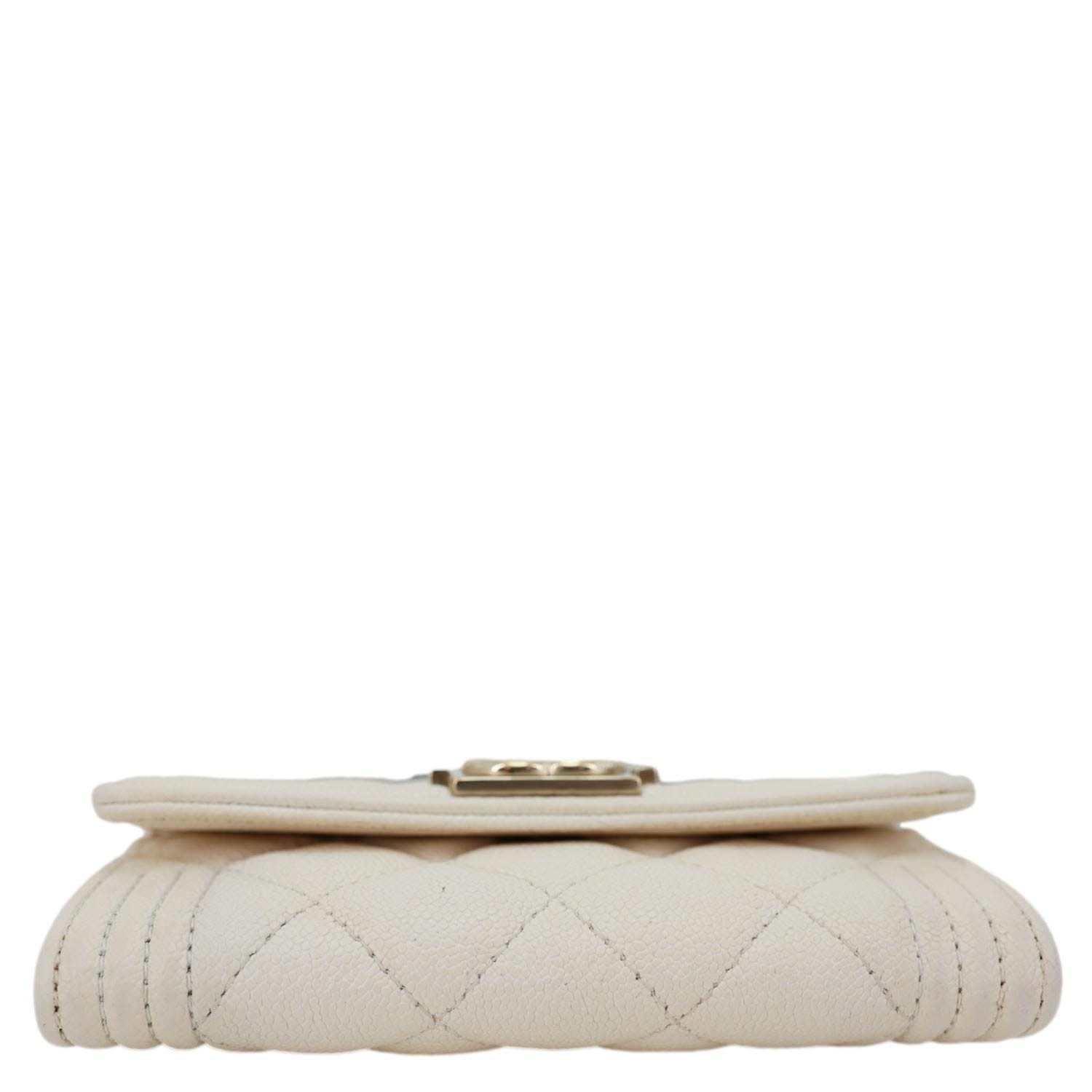 CHANEL Boy Quilted Caviar Leather Card Holder Off White
