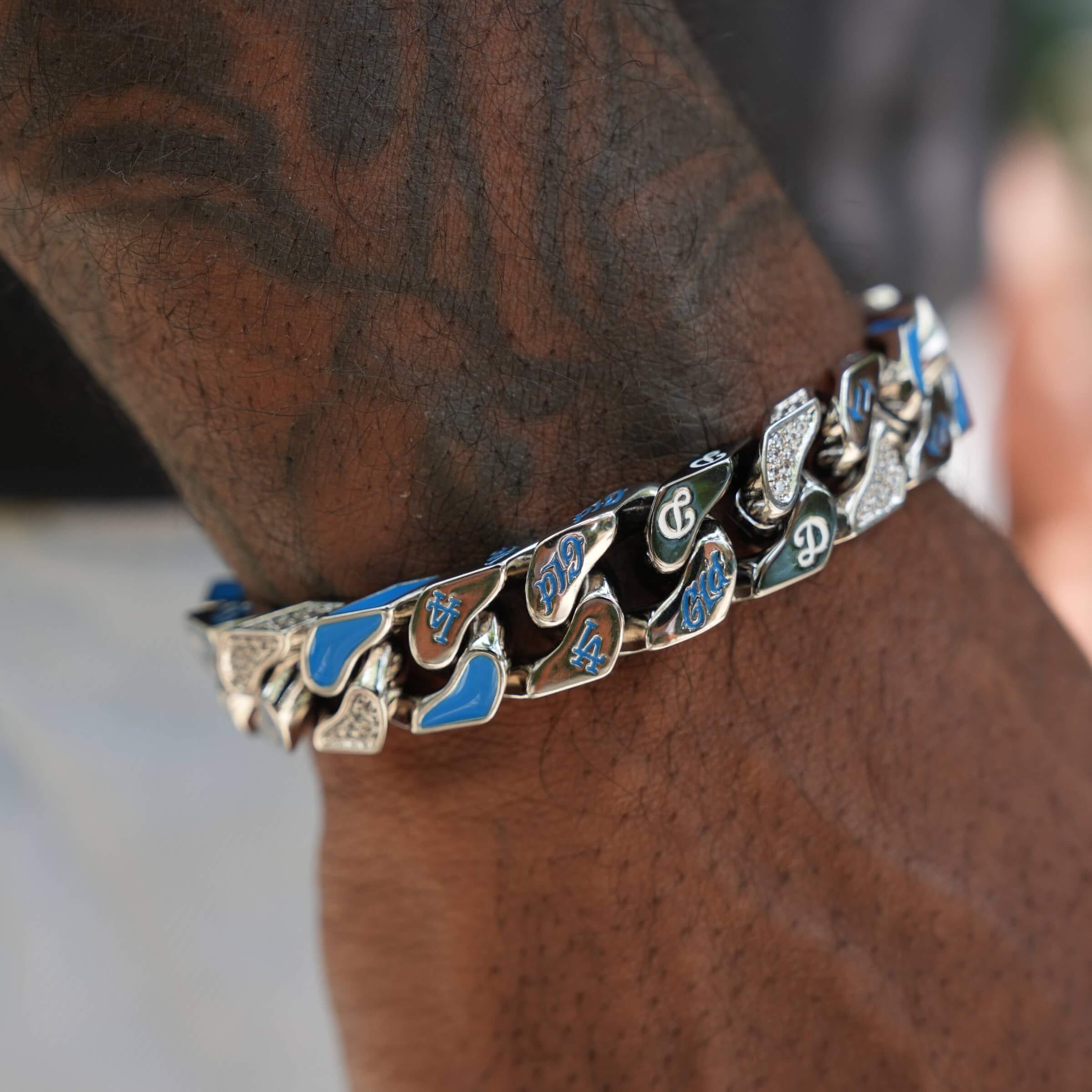 GLD Men LA Dodgers Official MLB Stealth Cuban Bracelet in White Gold