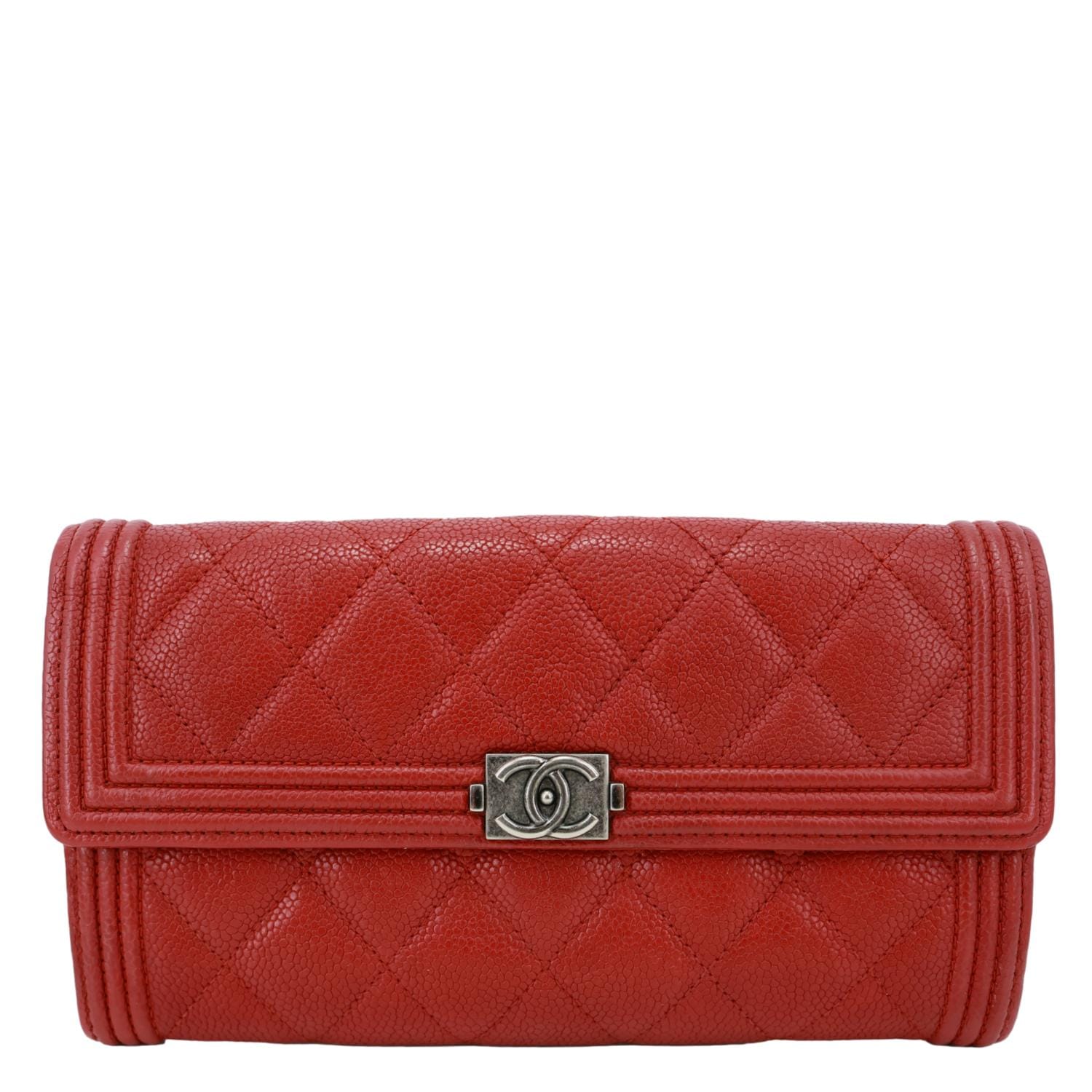 CHANEL Boy Flap Quilted Caviar Leather Wallet Red