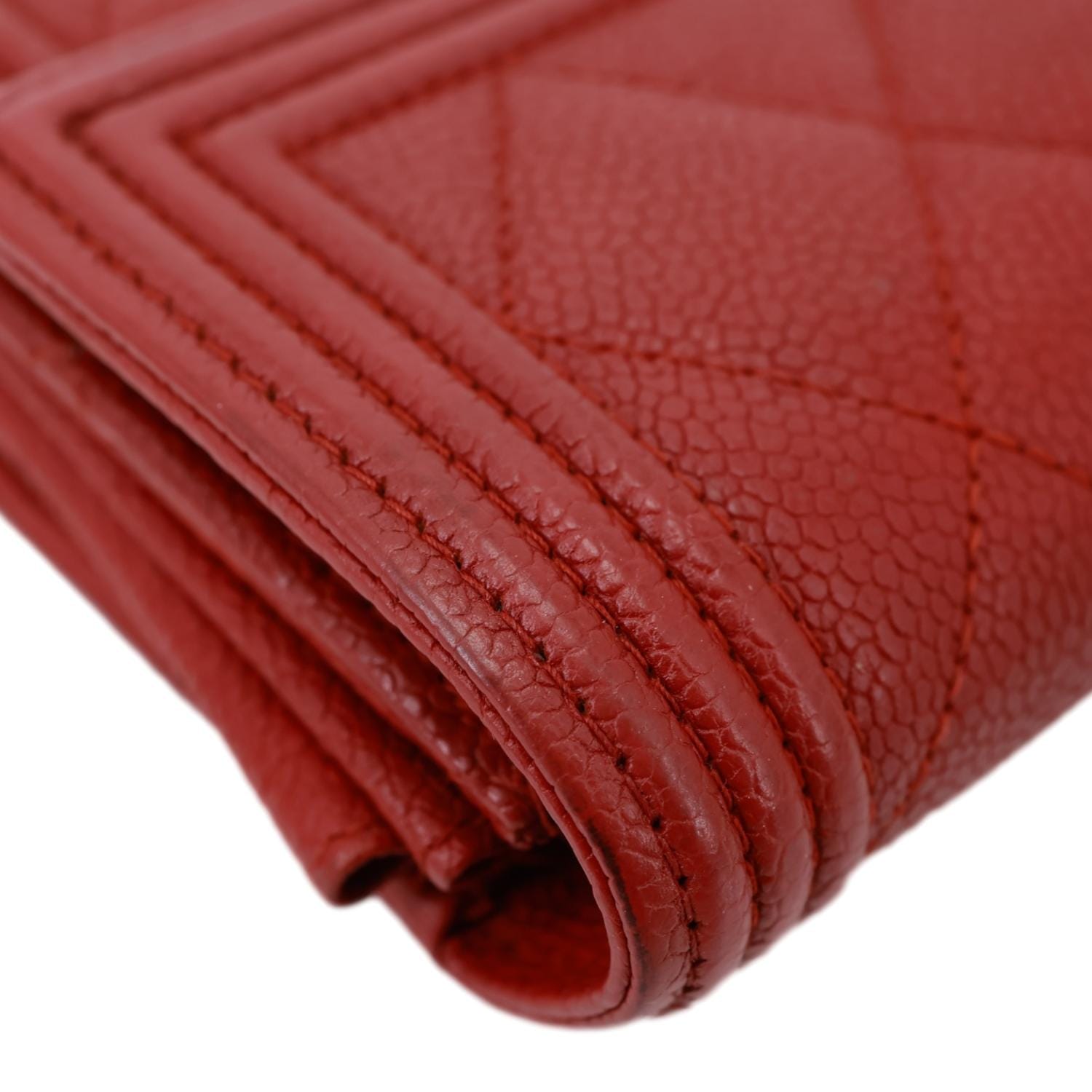 CHANEL Boy Flap Quilted Caviar Leather Wallet Red