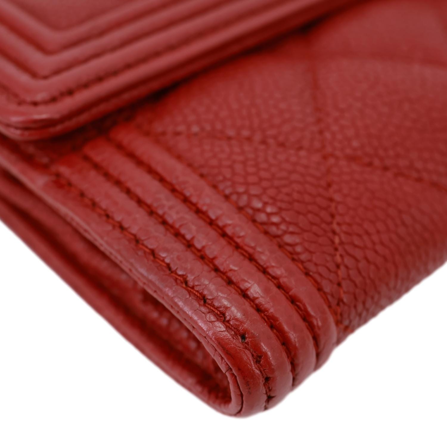 CHANEL Boy Flap Quilted Caviar Leather Wallet Red
