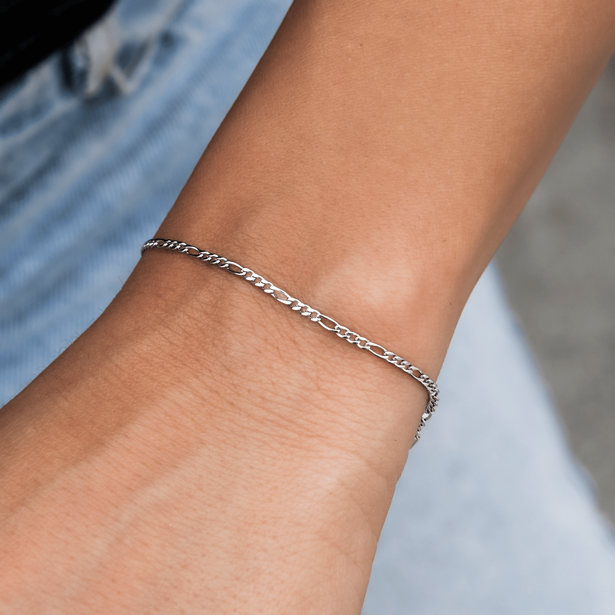 GLD PROMO SETS - WOMEN Figaro Bracelet in White Gold- 2mm