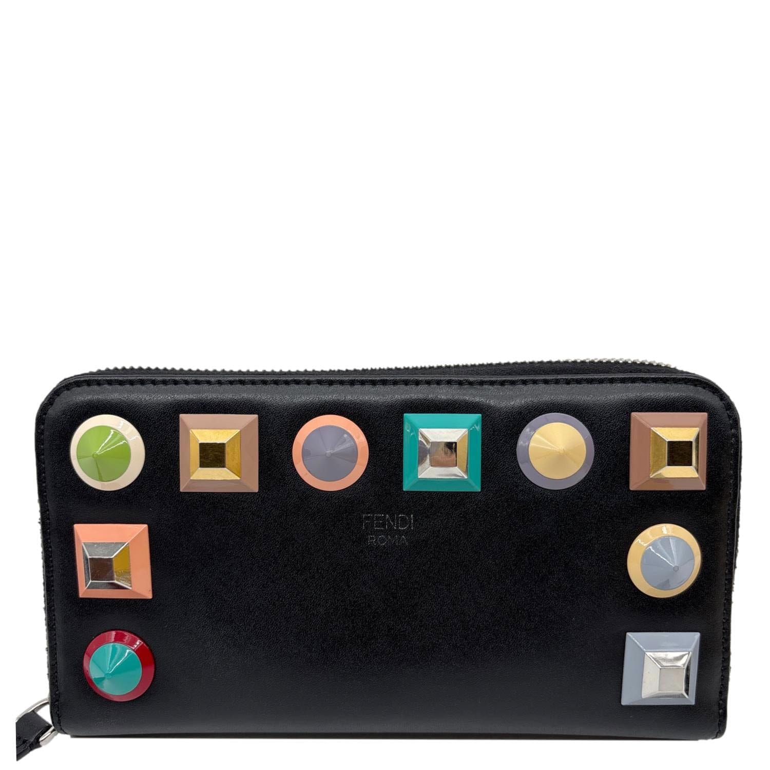 FENDI Colorful Studs Calfskin Zip Around Long Wallet Black