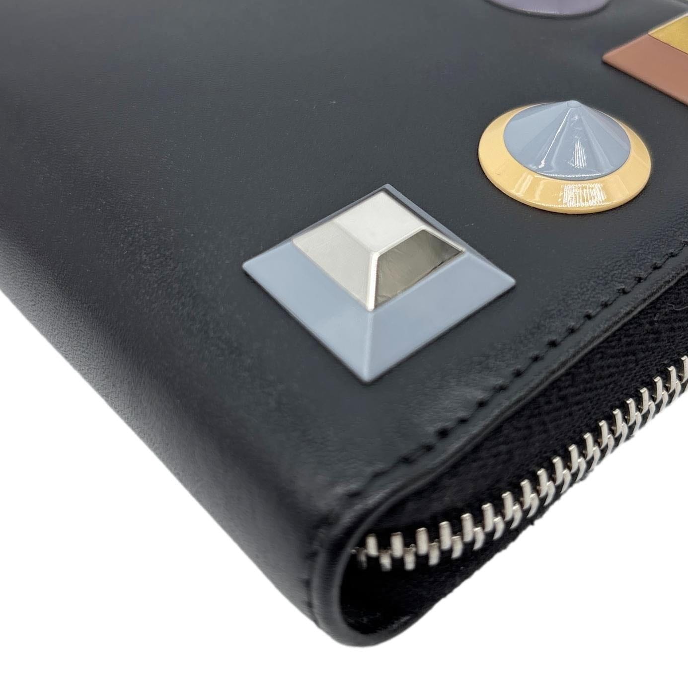 FENDI Colorful Studs Calfskin Zip Around Long Wallet Black