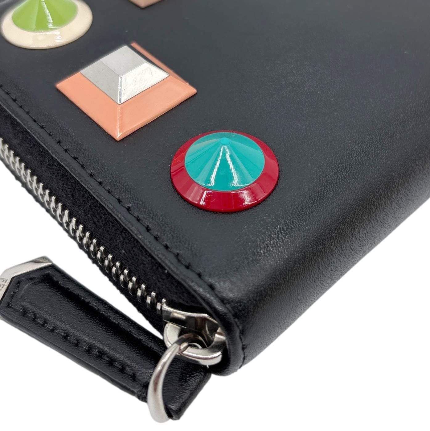 FENDI Colorful Studs Calfskin Zip Around Long Wallet Black