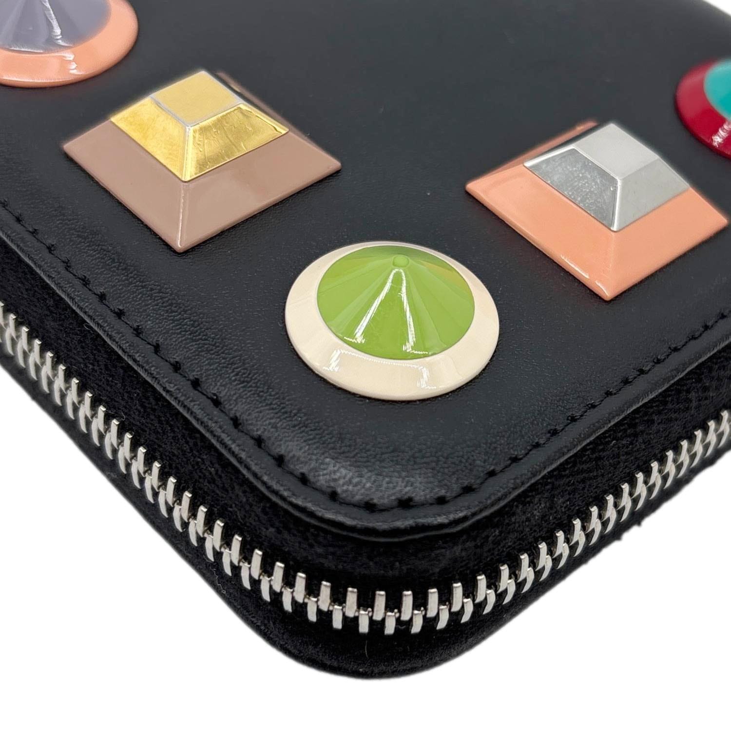 FENDI Colorful Studs Calfskin Zip Around Long Wallet Black
