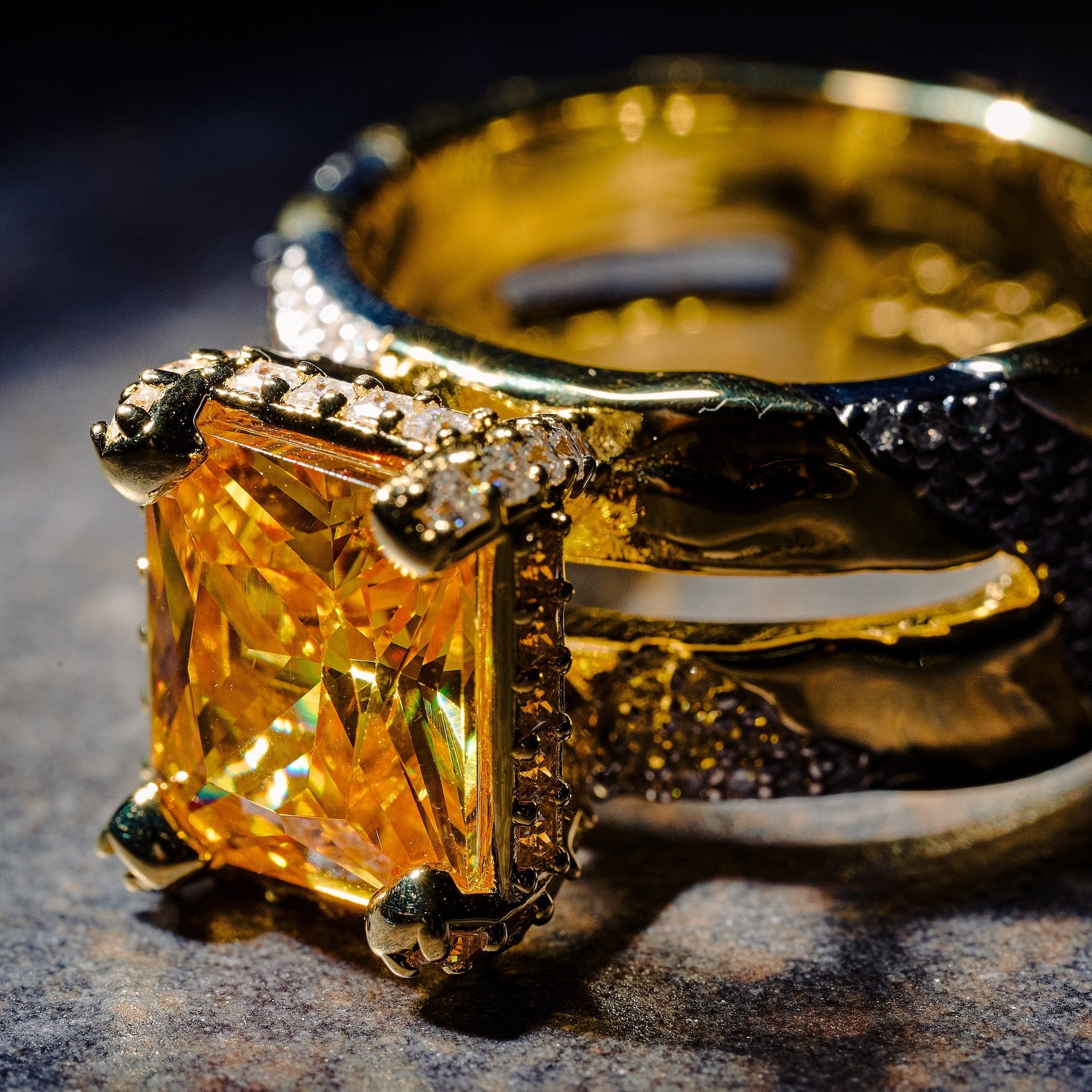 GLD Men GLD X Bloody Osiris Lab Diamond Canary Two Tone Rock Ring in Solid Yellow Gold