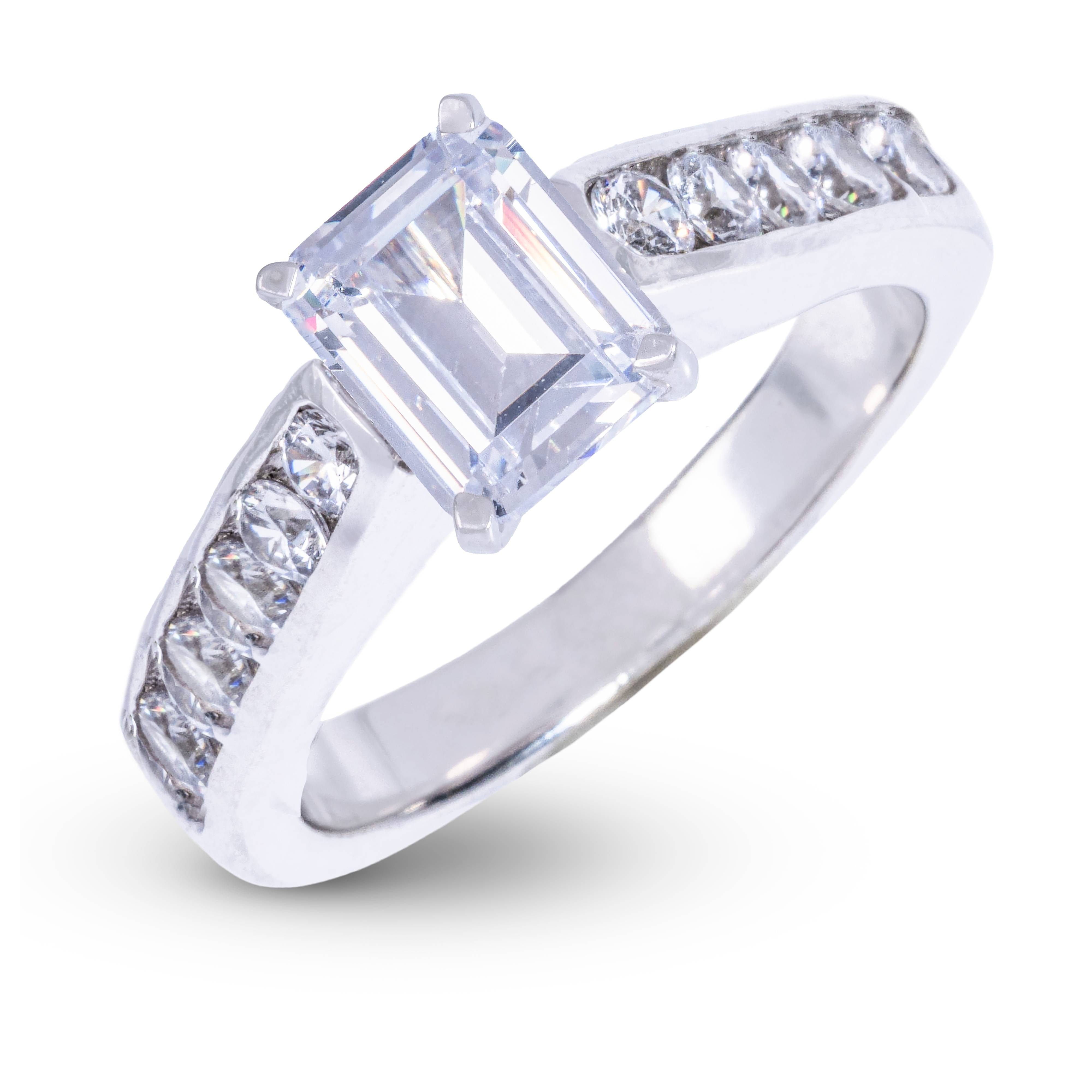 GLD Women Emerald Cut Stone Thick Lab Diamond Engagement Ring in Platinum