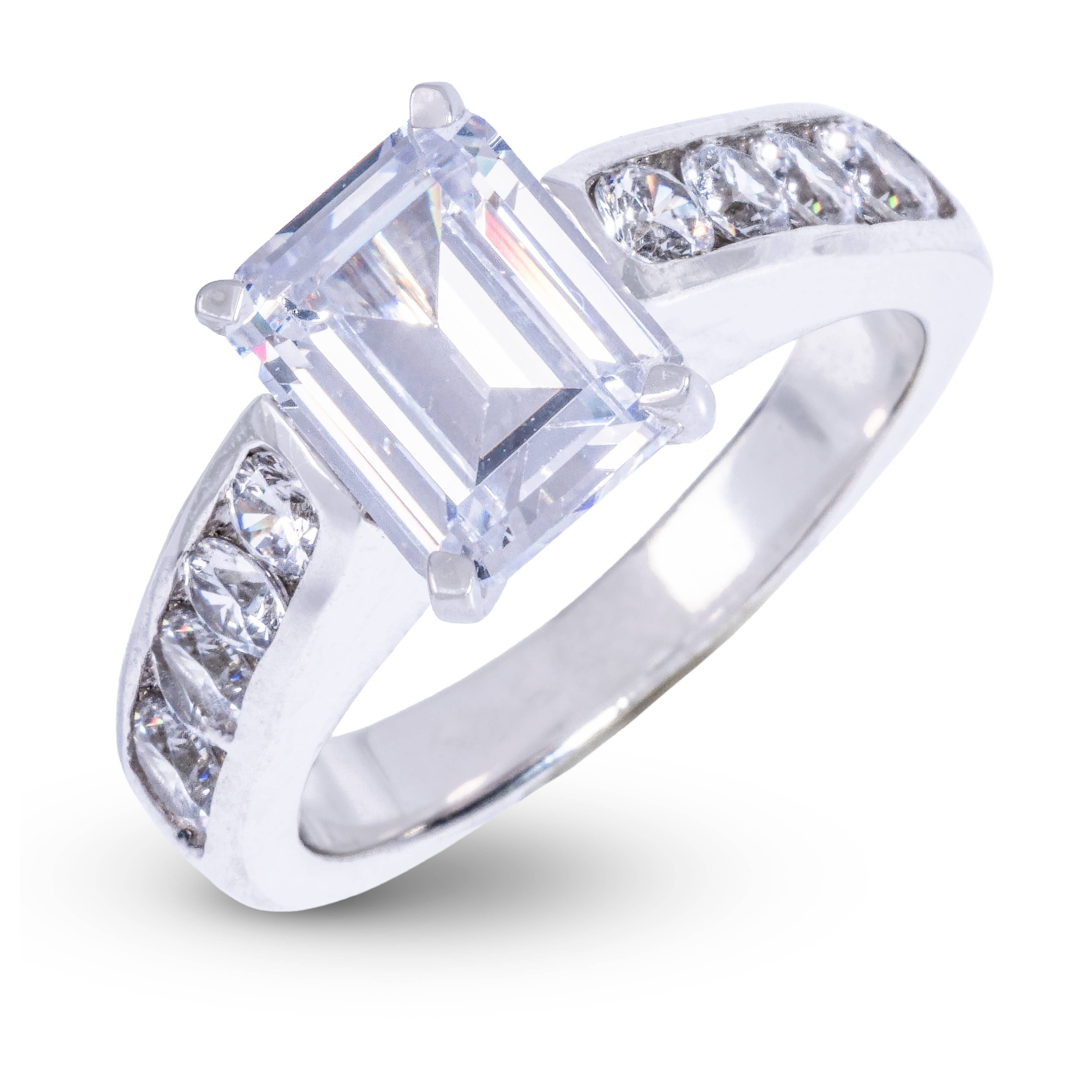 GLD Women Emerald Cut Stone Thick Lab Diamond Engagement Ring in Platinum