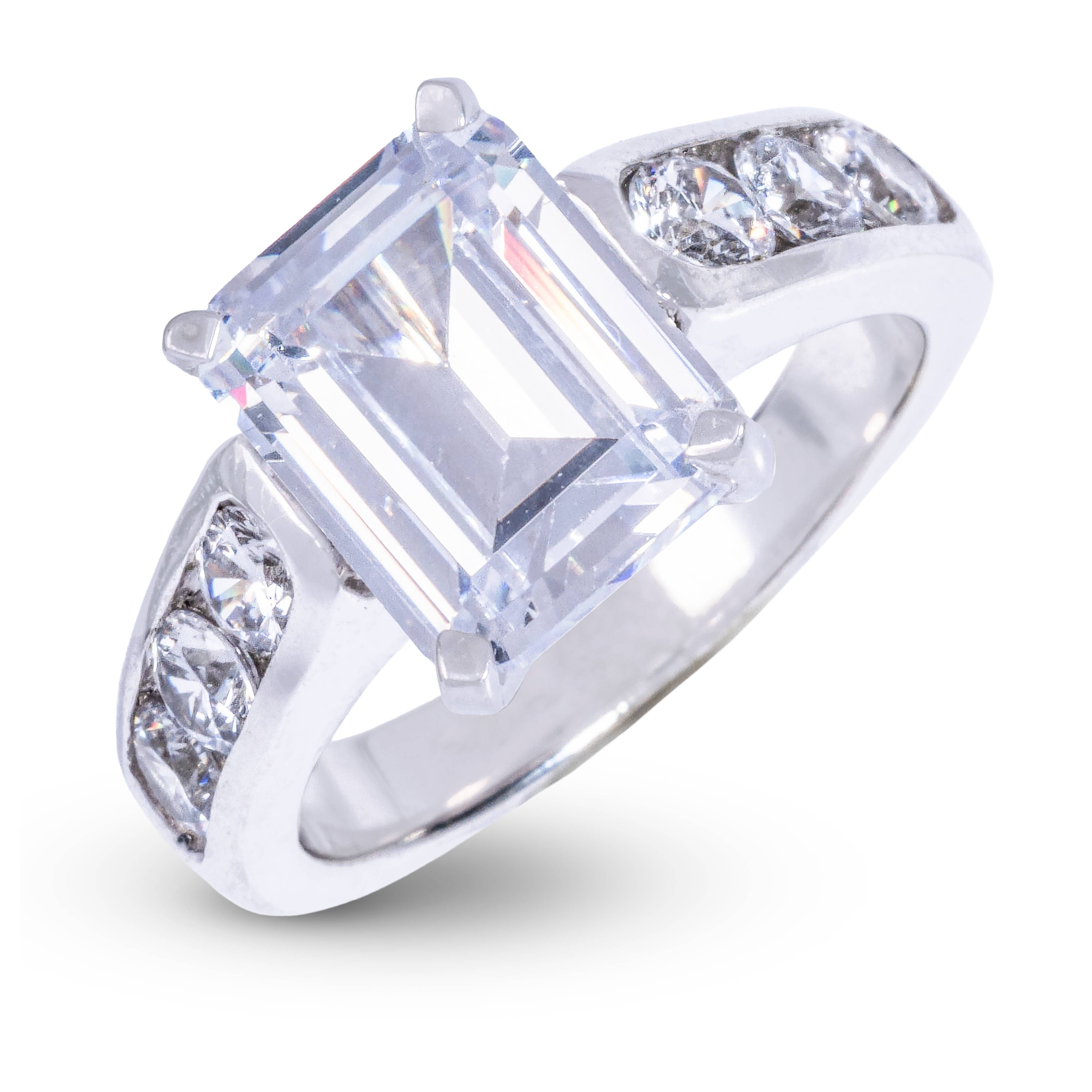 GLD Women Emerald Cut Stone Thick Lab Diamond Engagement Ring in Platinum