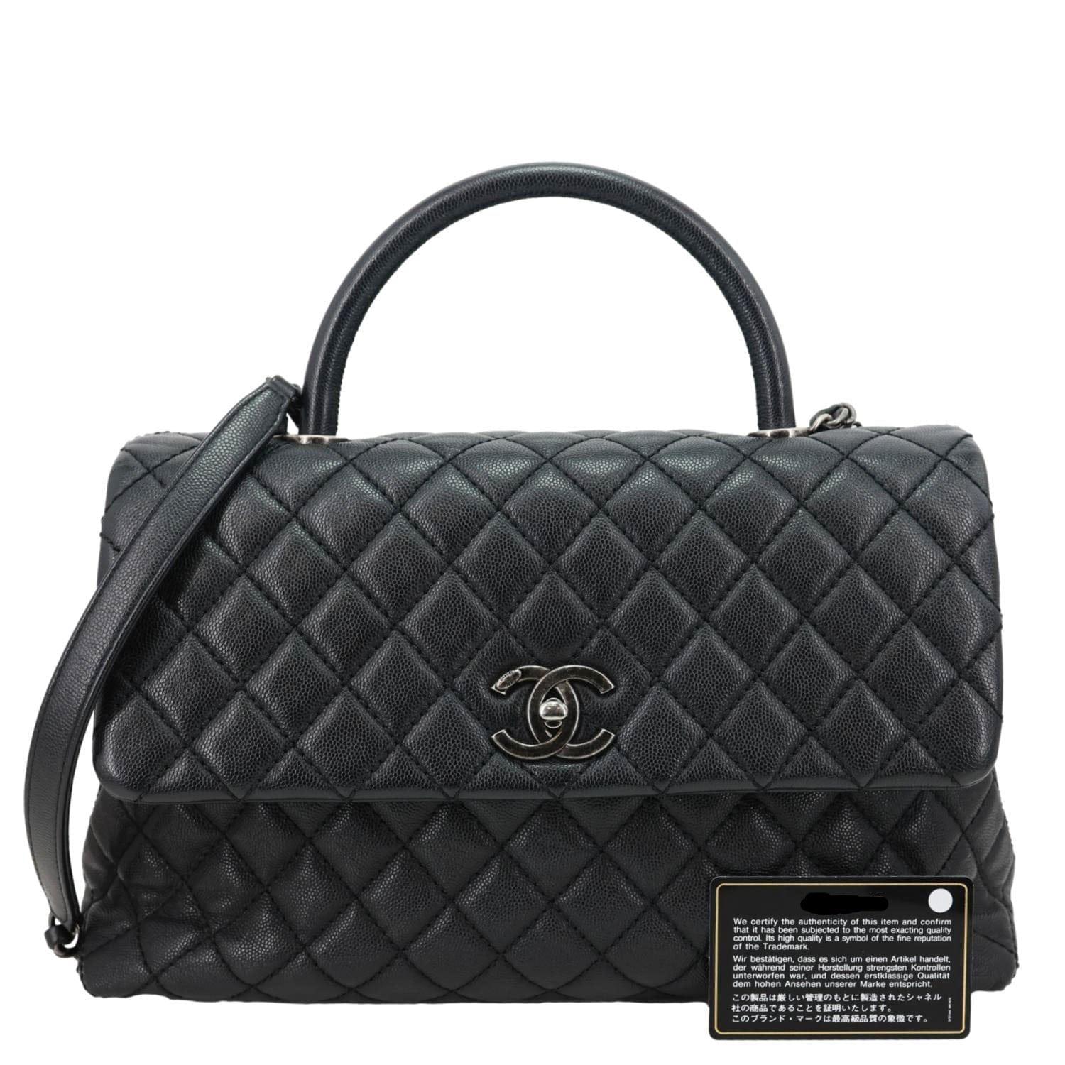 CHANEL Coco Flap Medium Quilted Caviar Leather Top Handle Shoulder Bag Black
