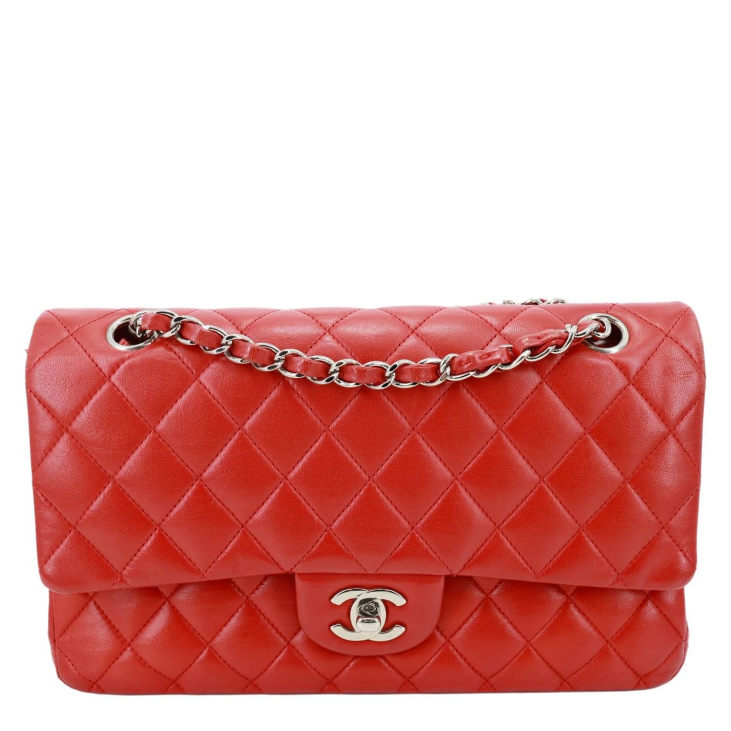 CHANEL Classic Double Flap Medium Quilted Lambskin Leather Shoulder Bag Red