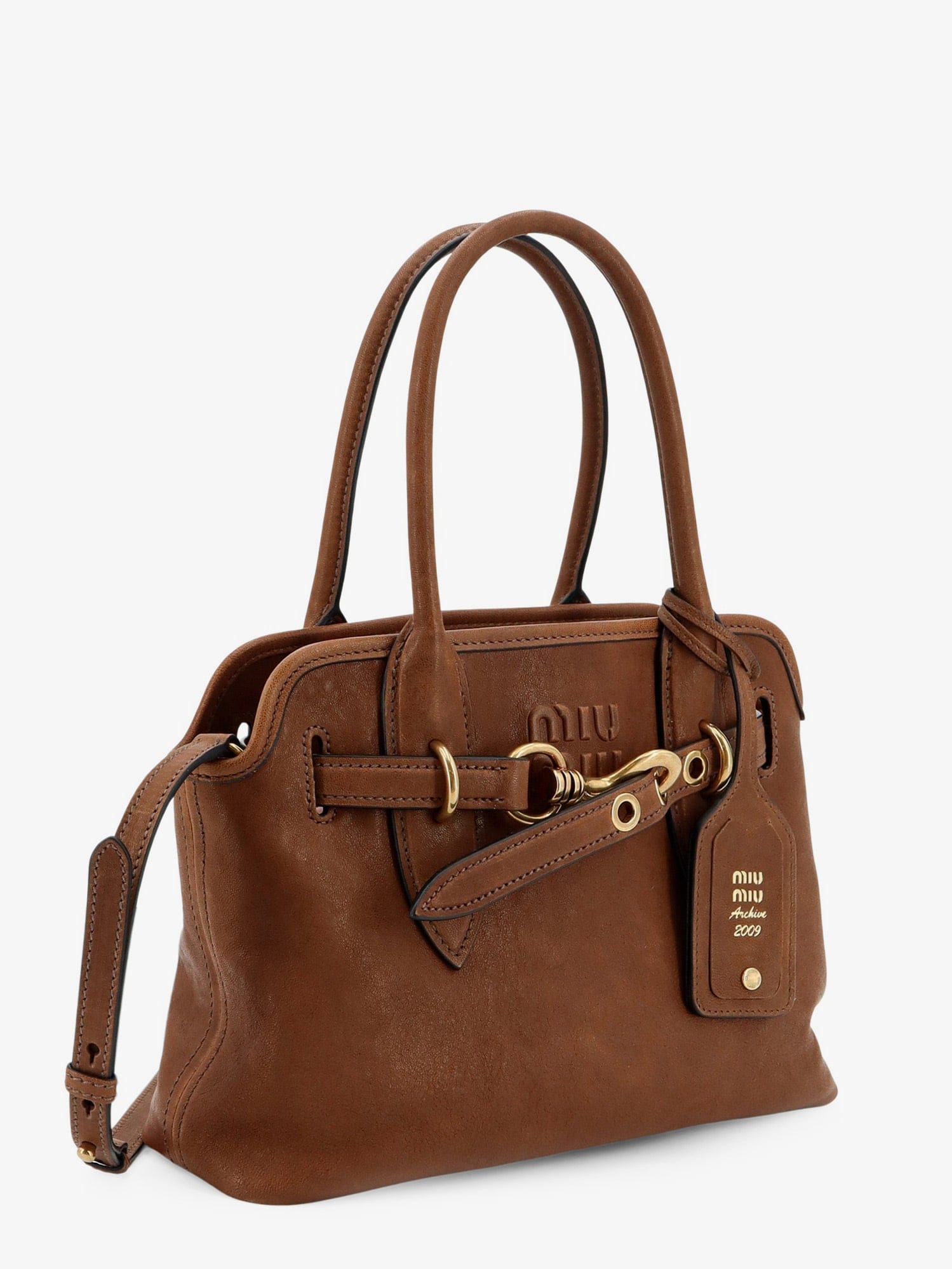 Miu Miu Aventure leather handbag with embossed lettering logo