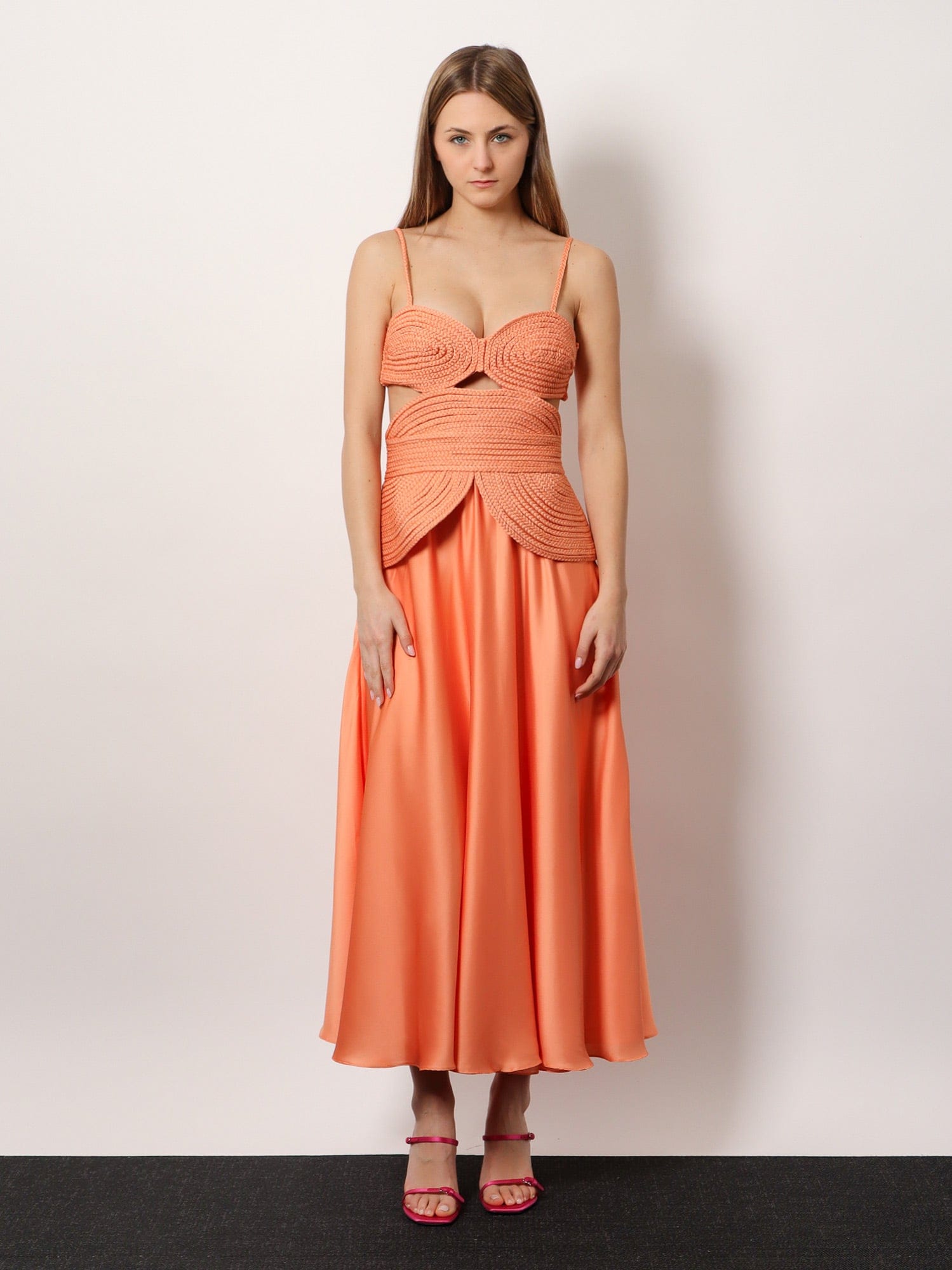 PatBO Sunset Satin dress with braided corset