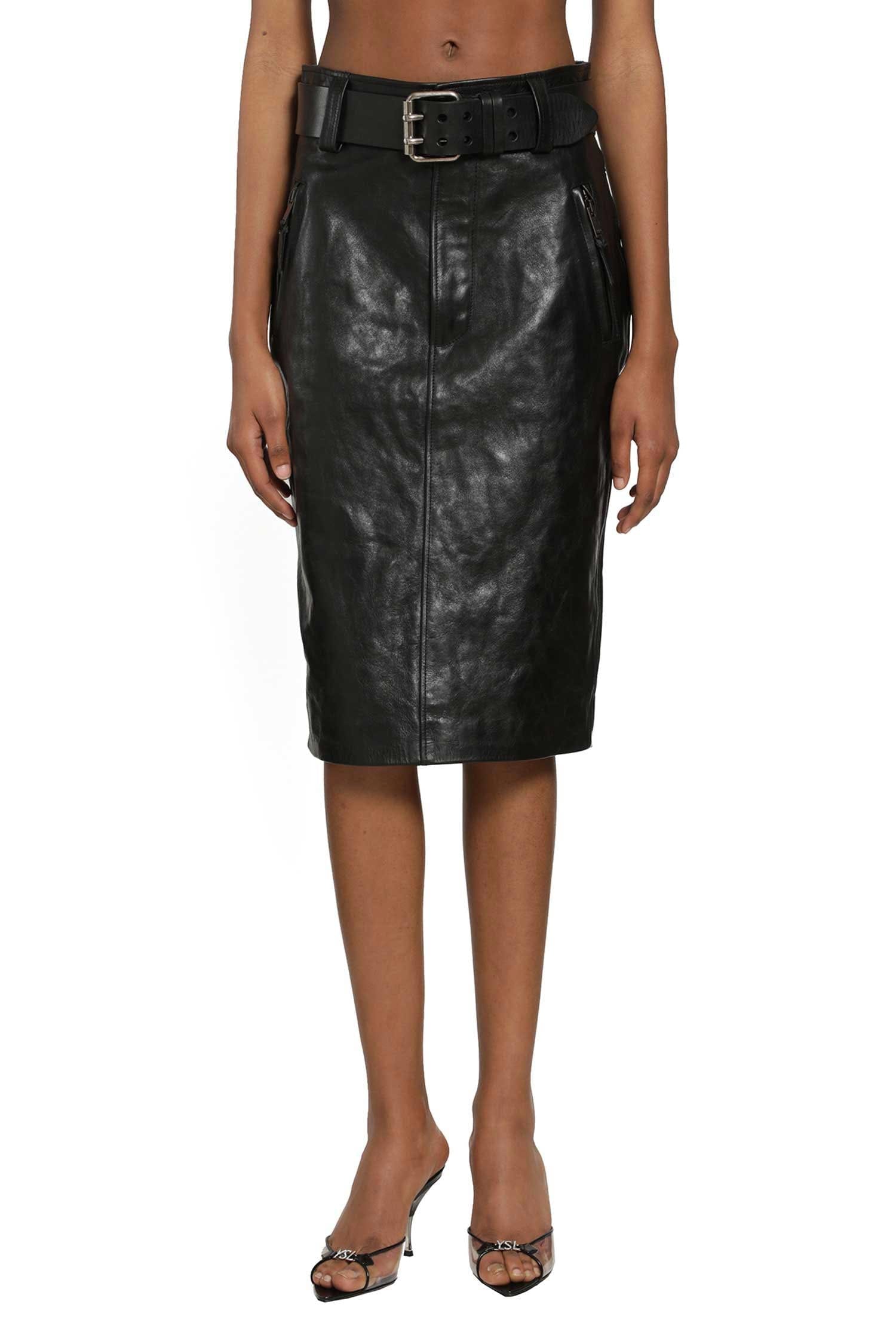 Saint Laurent Belted Pencil Skirt in Creased Leather