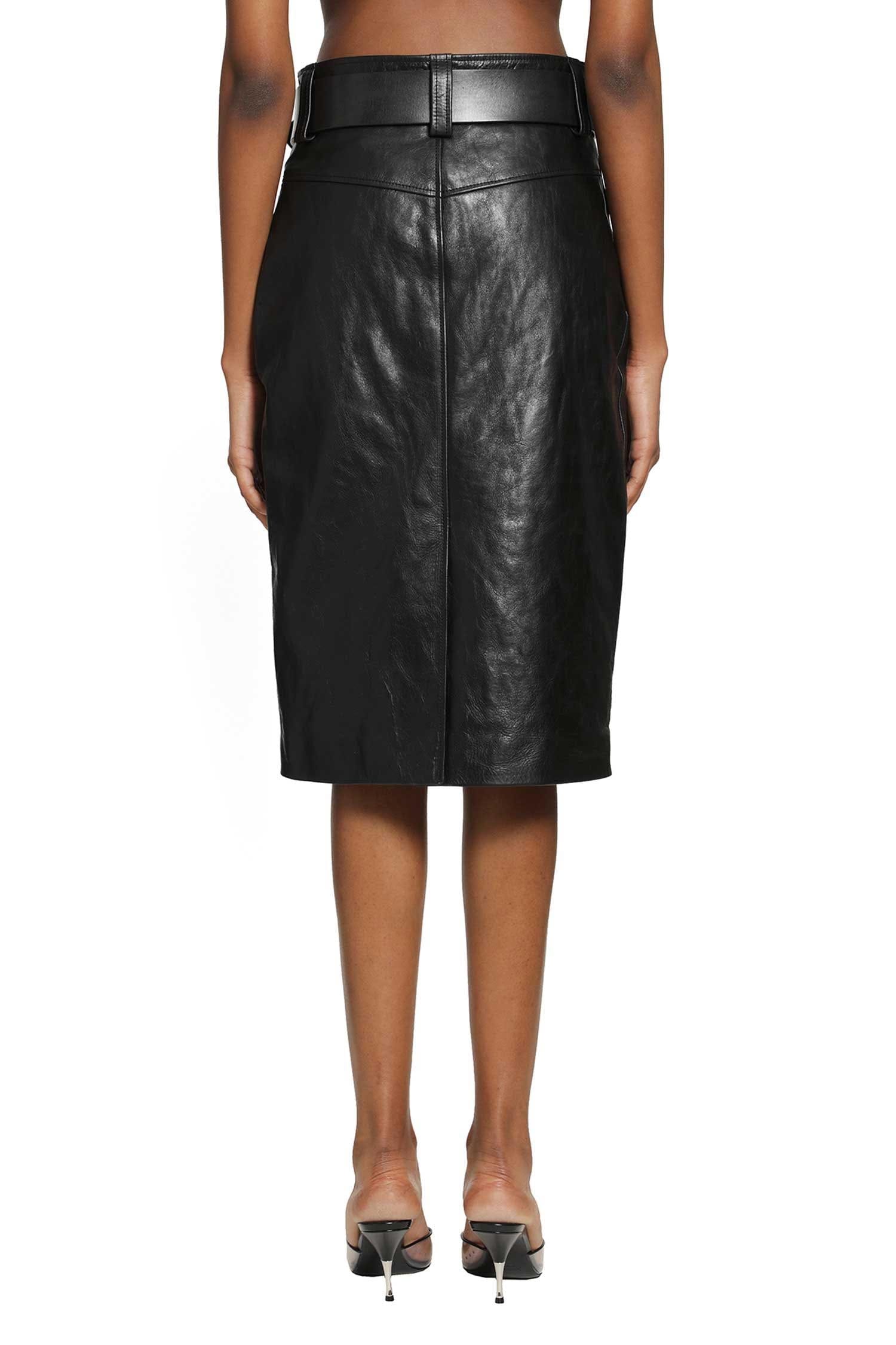 Saint Laurent Belted Pencil Skirt in Creased Leather