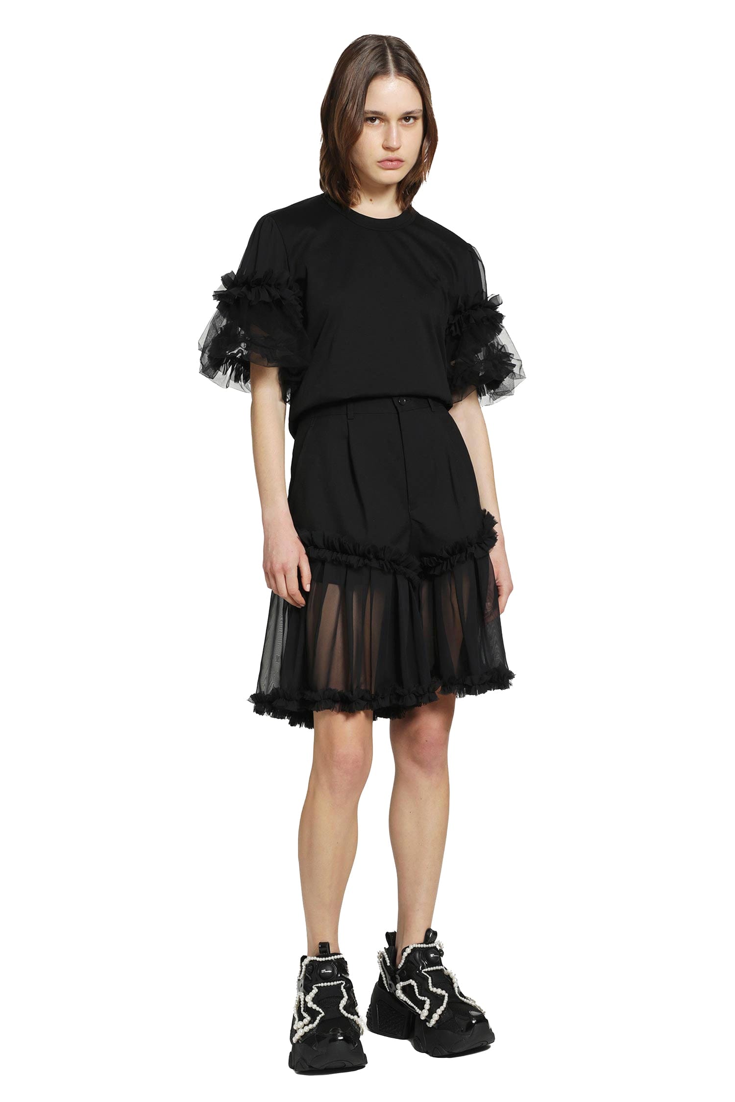 Noir Kei Ninomiya Spliced Wool and Tulle Shorts