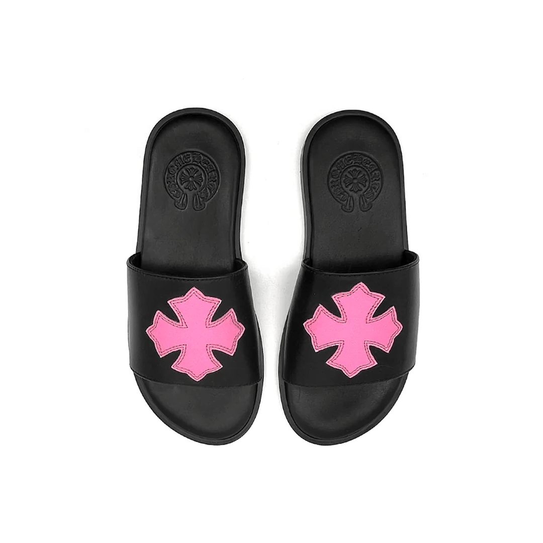 Chrome Hearts Women Patent Pink Cross Patch Slide Black Leather