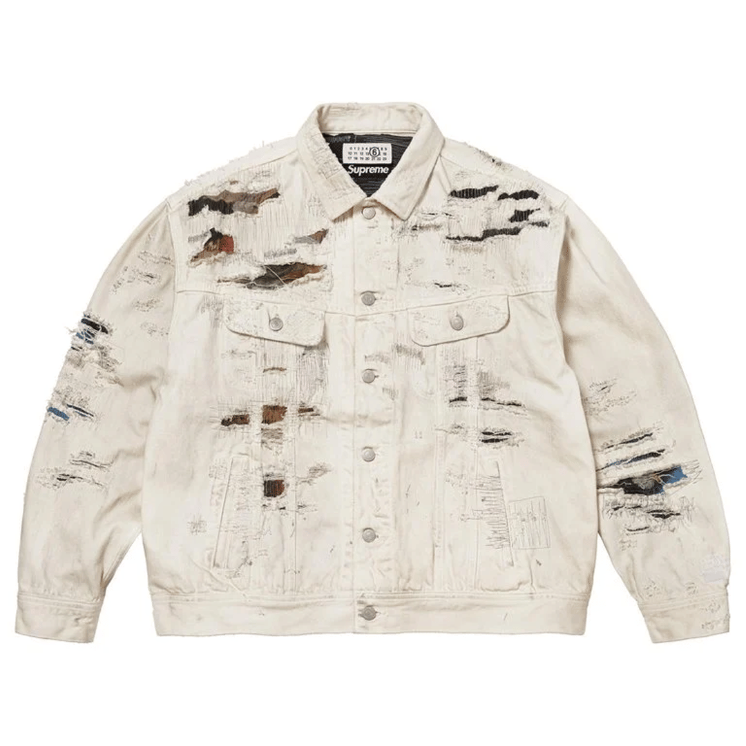 Supreme x MM6 Maison Margiela White Distressed Selvedge Denim Trucker Jacket