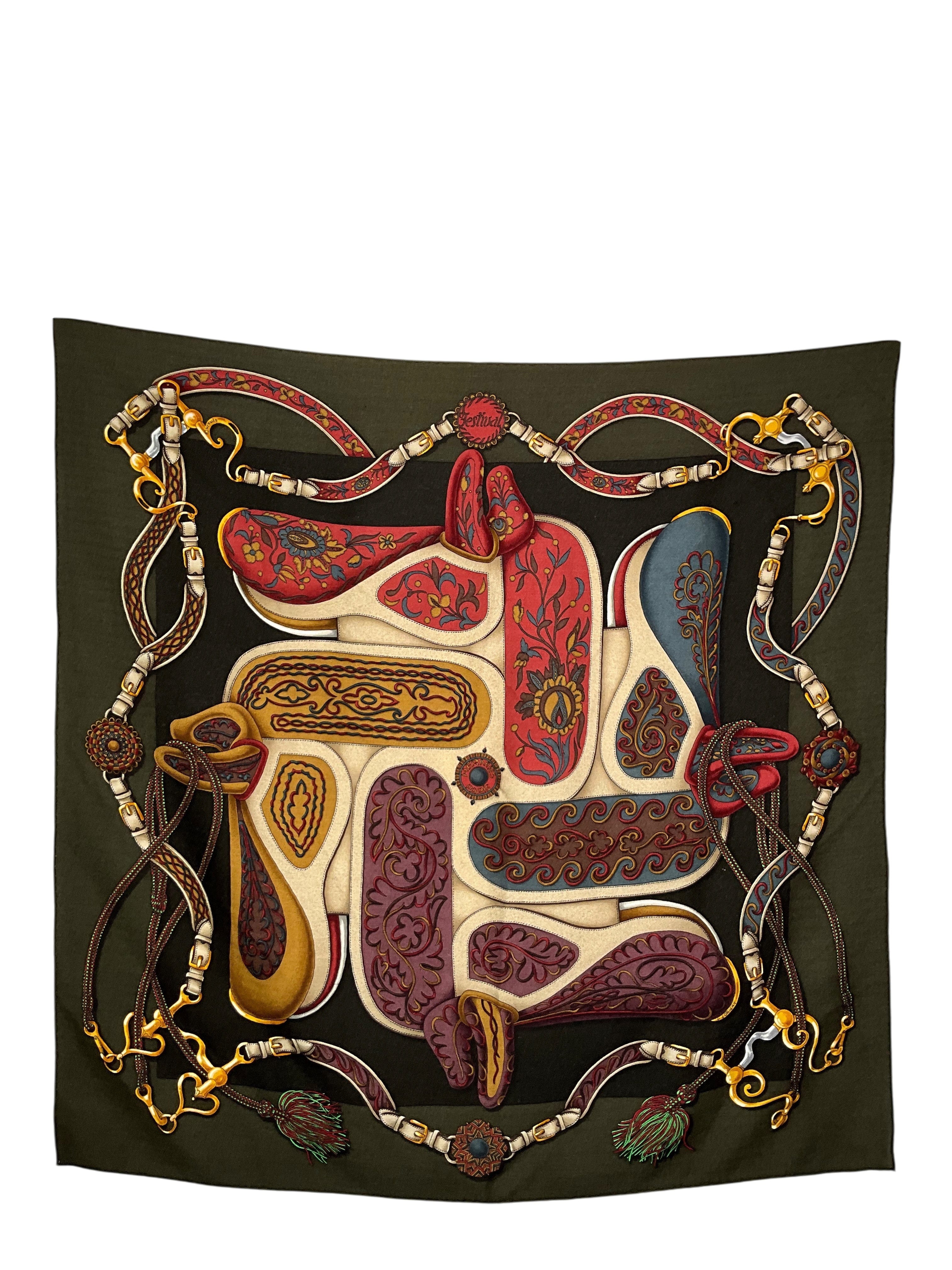 Hermes Festival des Amazones Cashmere Silk Scarf 90
