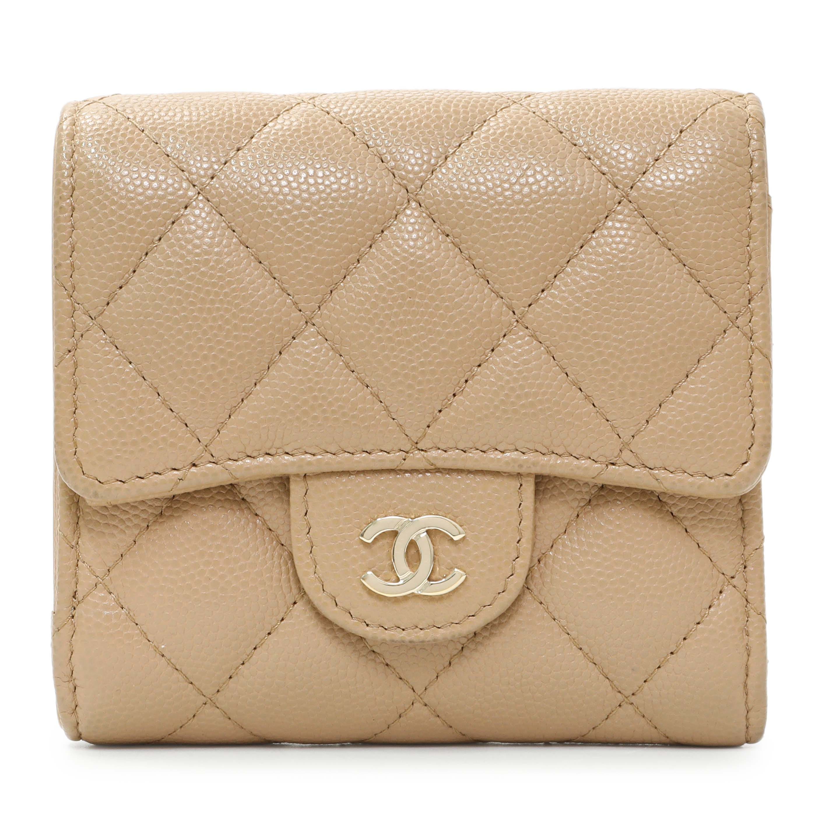Chanel Beige Quilted Caviar Tri-Fold Wallet